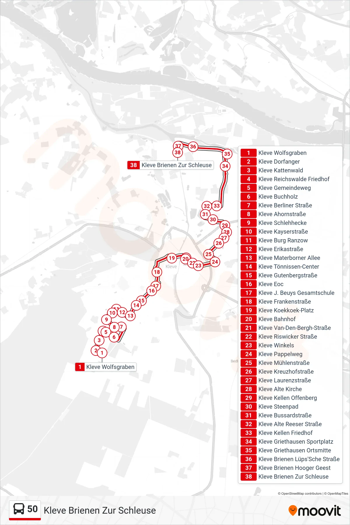50 bus Line (Kleve Brienen Zur Schleuse) route and stops on a map