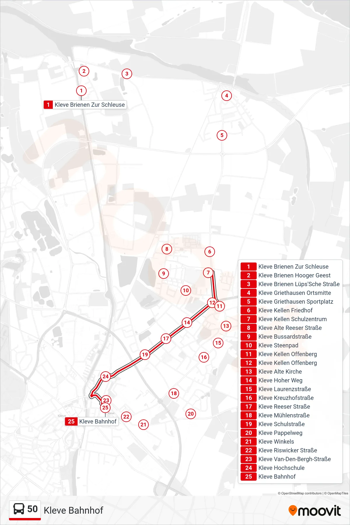 Linie 50 (Bus) Richtung Kleve Bahnhof: Route und Haltestellen auf der Karte