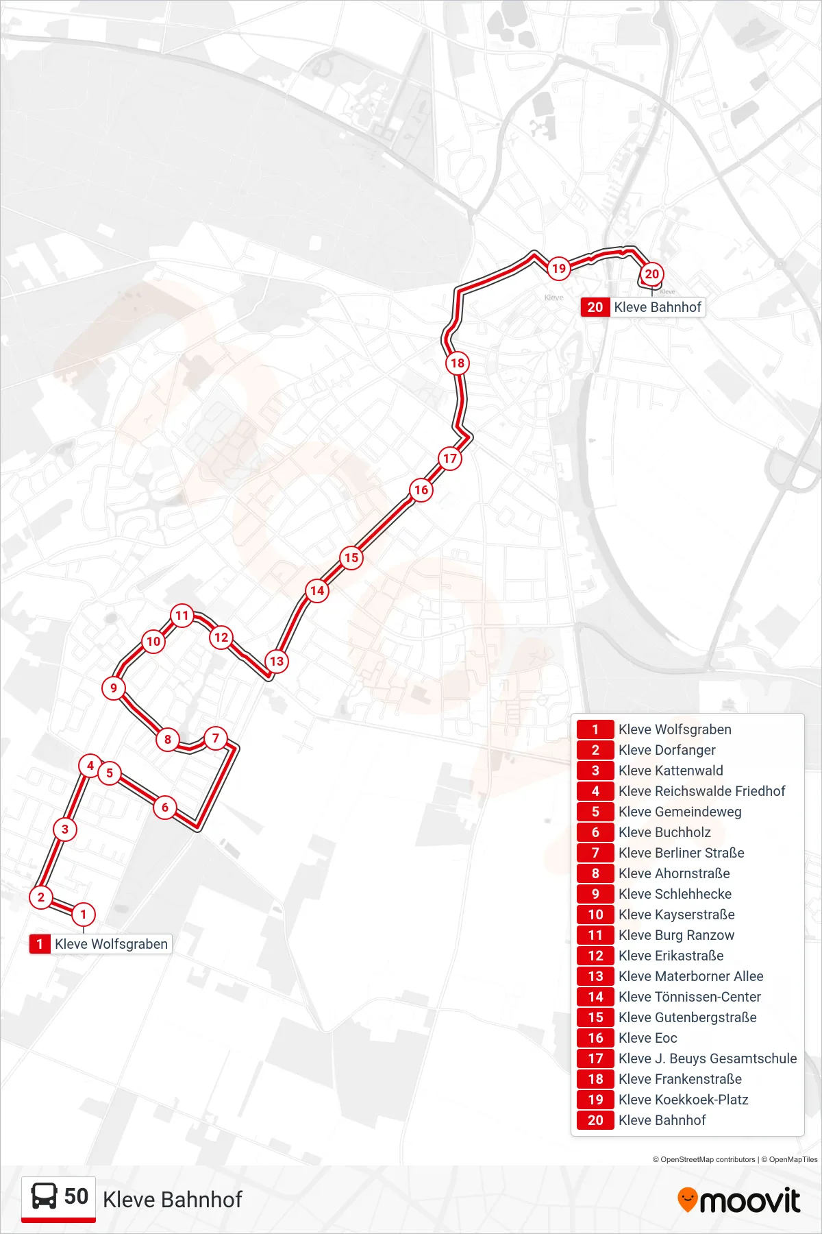Linie 50 (Bus) Richtung Kleve Bahnhof: Route und Haltestellen auf der Karte