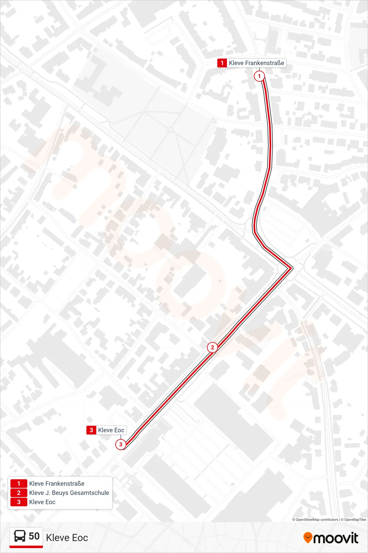50 bus Line (Kleve Eoc) route and stops on a map