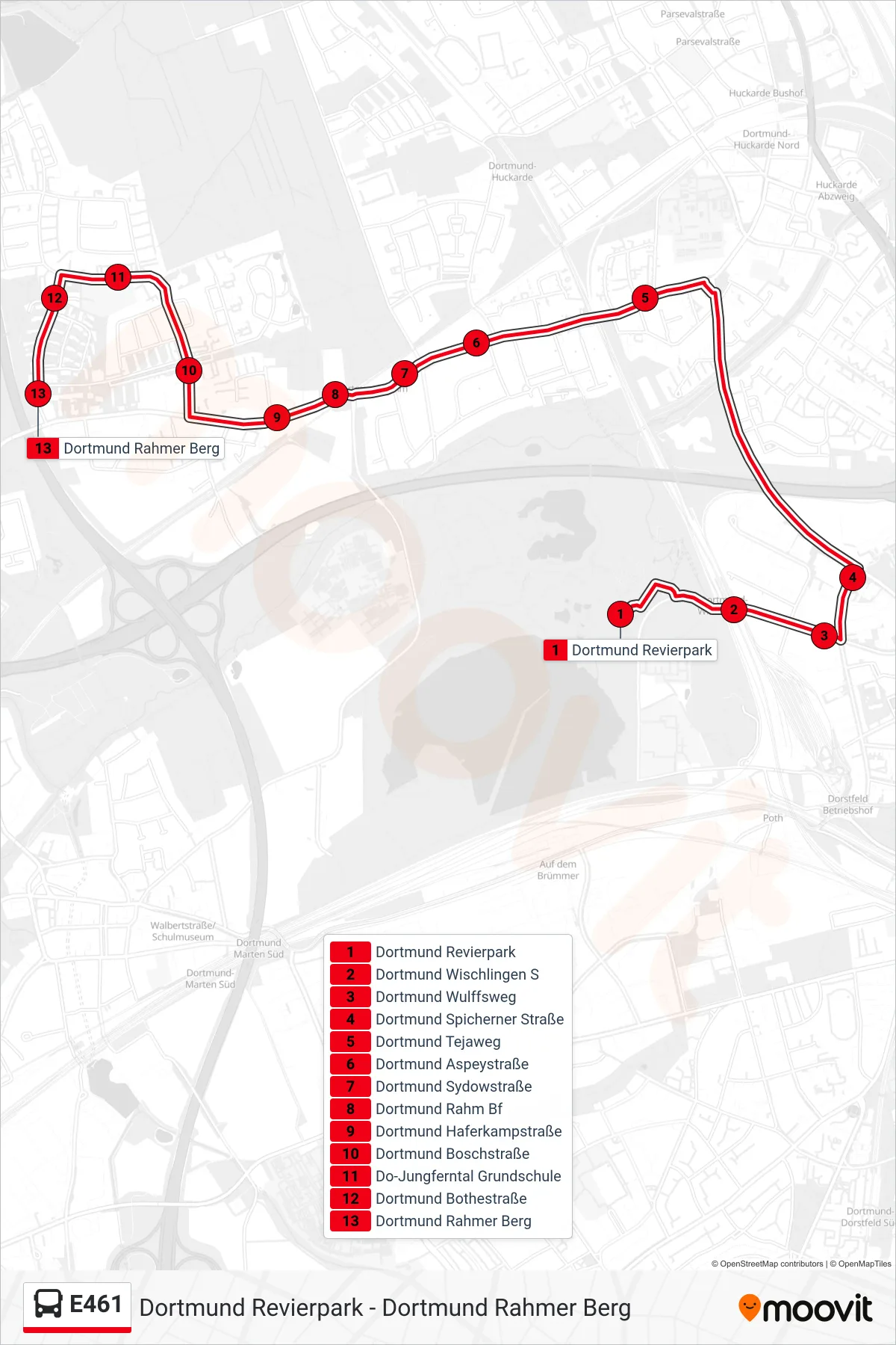 Linie E461 (Bus) Richtung Dortmund Rahmer Berg: Route und Haltestellen auf der Karte