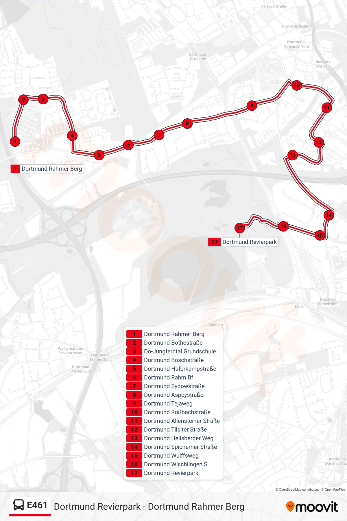 Linie E461 (Bus) Richtung Dortmund Revierpark: Route und Haltestellen auf der Karte