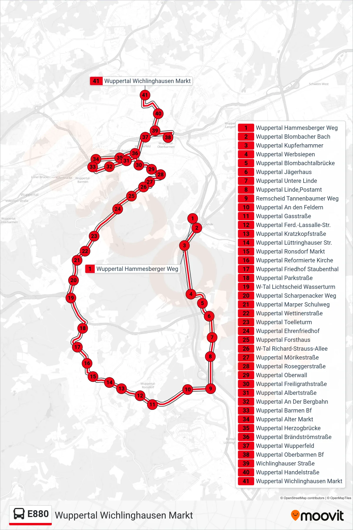 Linie E880 (Bus) Richtung Wuppertal Wichlinghausen Markt: Route und Haltestellen auf der Karte