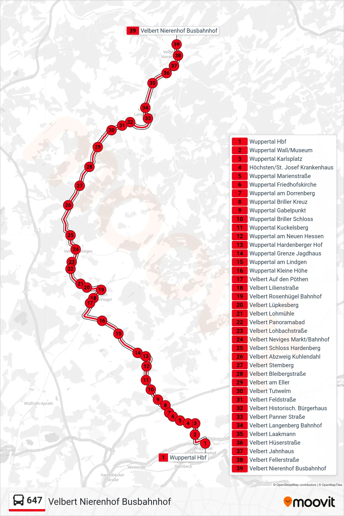 Linie 647 (Bus) Richtung Velbert Nierenhof Busbahnhof: Route und Haltestellen auf der Karte