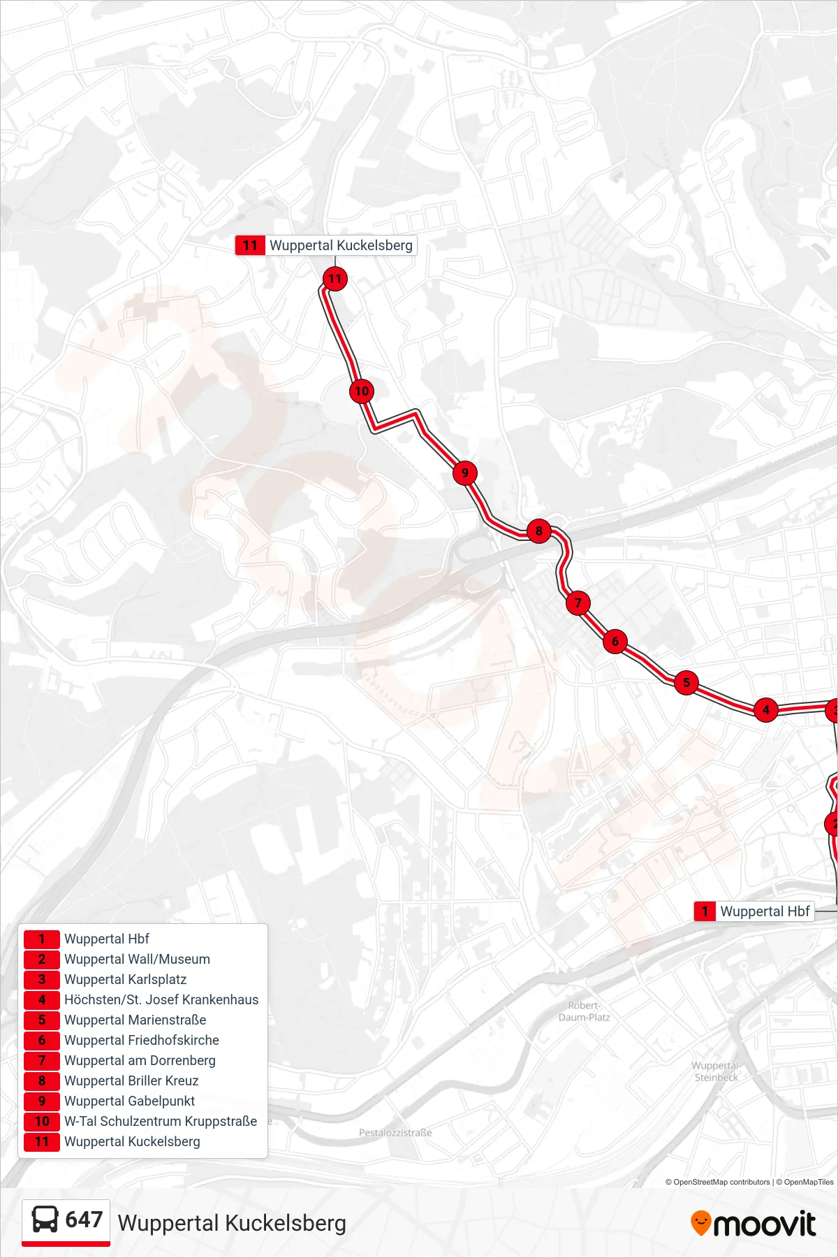 Linie 647 (Bus) Richtung Wuppertal Kuckelsberg: Route und Haltestellen auf der Karte