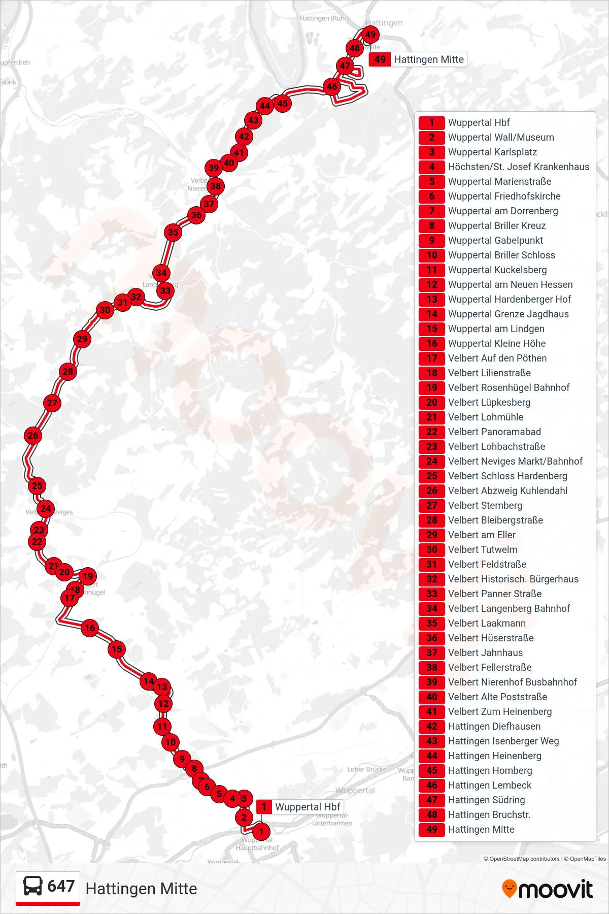 Linie 647 (Bus) Richtung Hattingen Mitte: Route und Haltestellen auf der Karte
