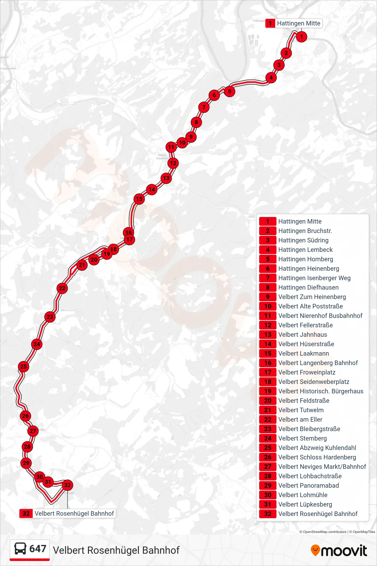 Linie 647 (Bus) Richtung Velbert Rosenhügel Bahnhof: Route und Haltestellen auf der Karte