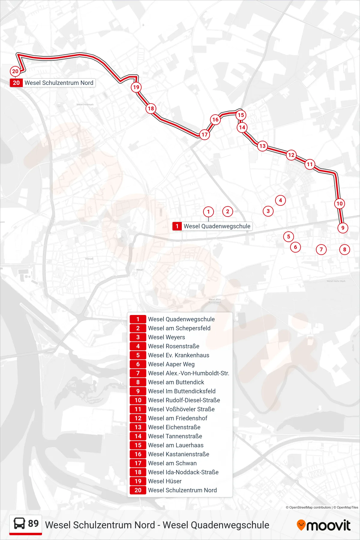 Linie 89 (Bus) Richtung Wesel Schulzentrum Nord: Route und Haltestellen auf der Karte