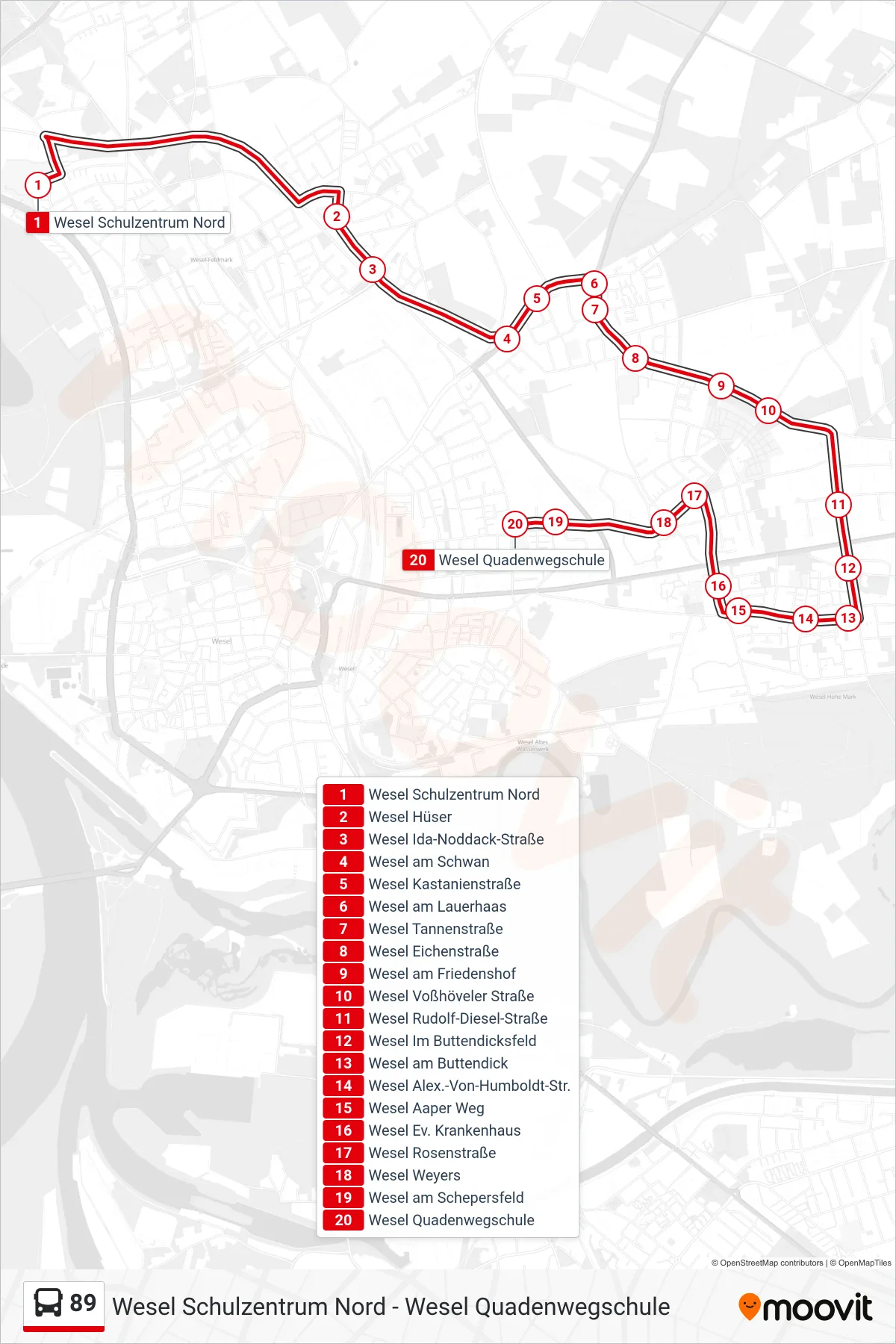 89 bus Line (Wesel Quadenwegschule) route and stops on a map