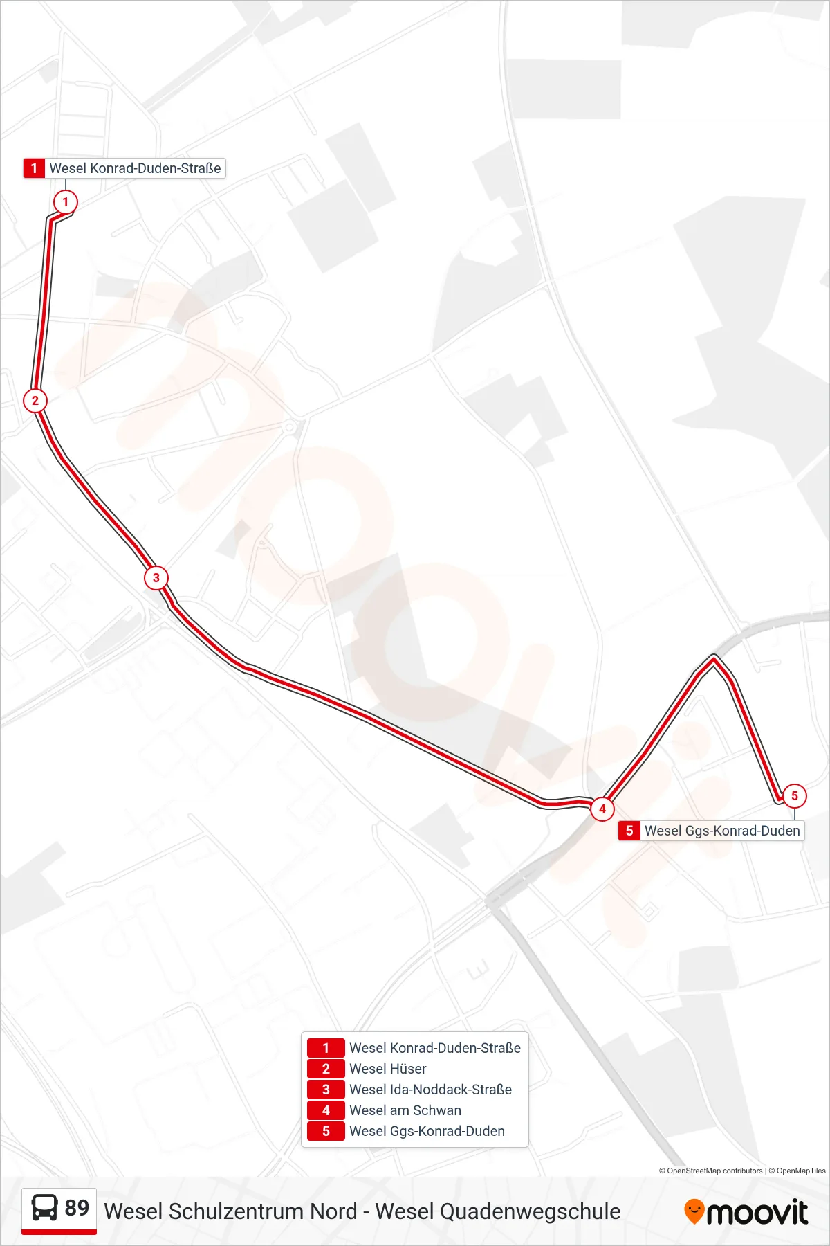 Linie 89 (Bus) Richtung Wesel Ggs-Konrad-Duden: Route und Haltestellen auf der Karte
