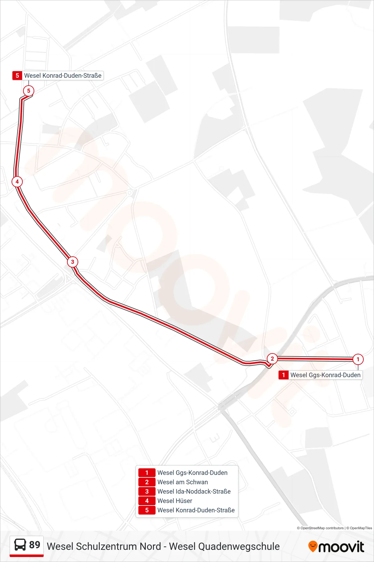 Linie 89 (Bus) Richtung Wesel Konrad-Duden-Straße: Route und Haltestellen auf der Karte