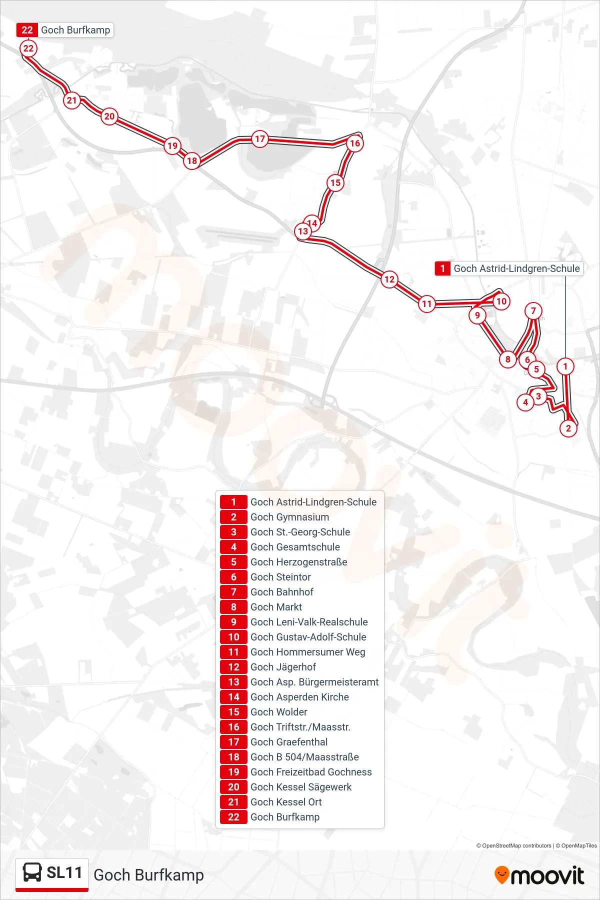 SL11 bus Line (Goch Burfkamp) route and stops on a map