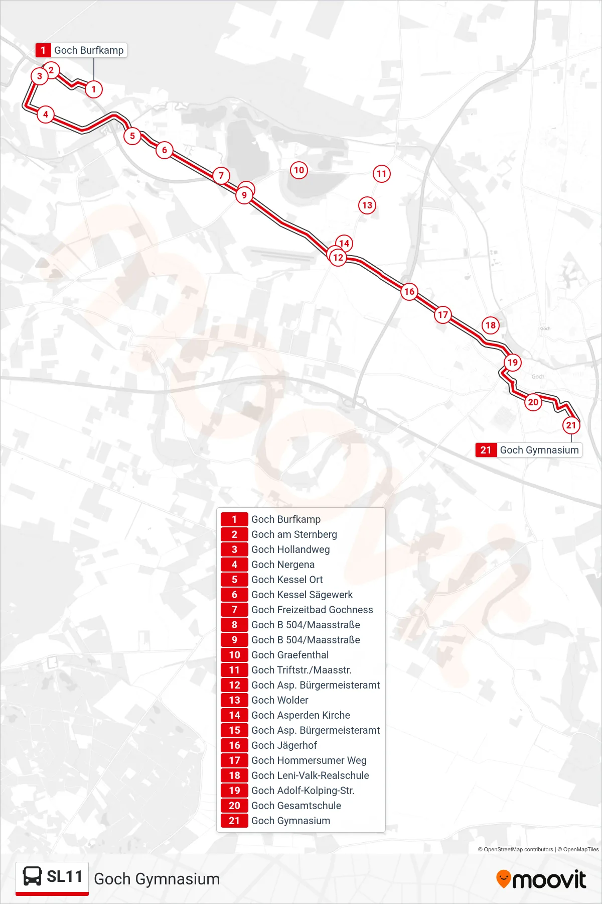 Linie SL11 (Bus) Richtung Goch Gymnasium: Route und Haltestellen auf der Karte