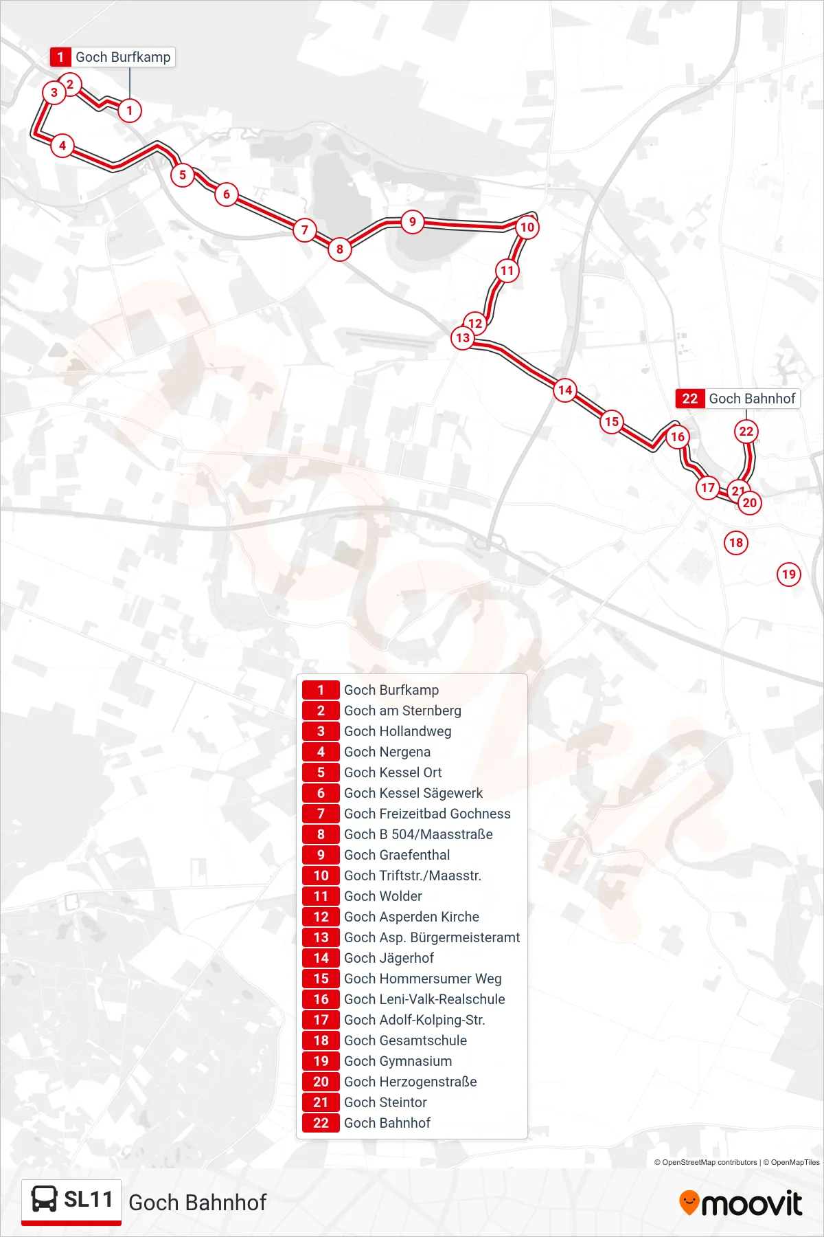 SL11 bus Line (Goch Bahnhof) route and stops on a map