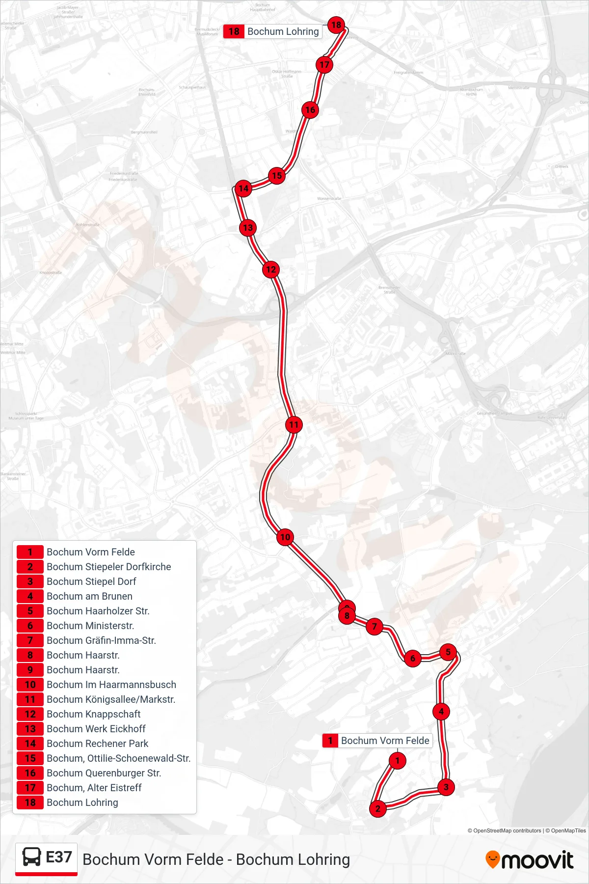 Linie E37 (Bus) Richtung Bochum Lohring: Route und Haltestellen auf der Karte