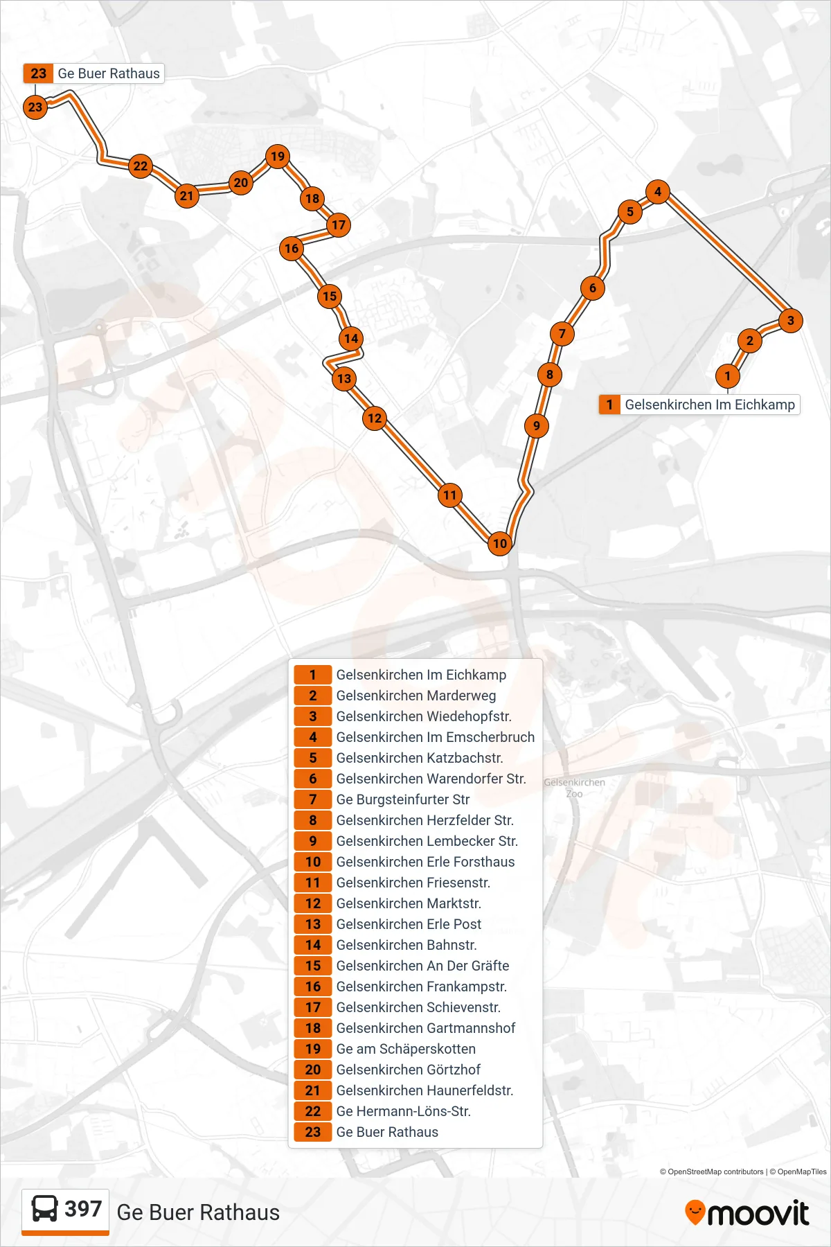 397 bus Line (Ge Buer Rathaus) route and stops on a map
