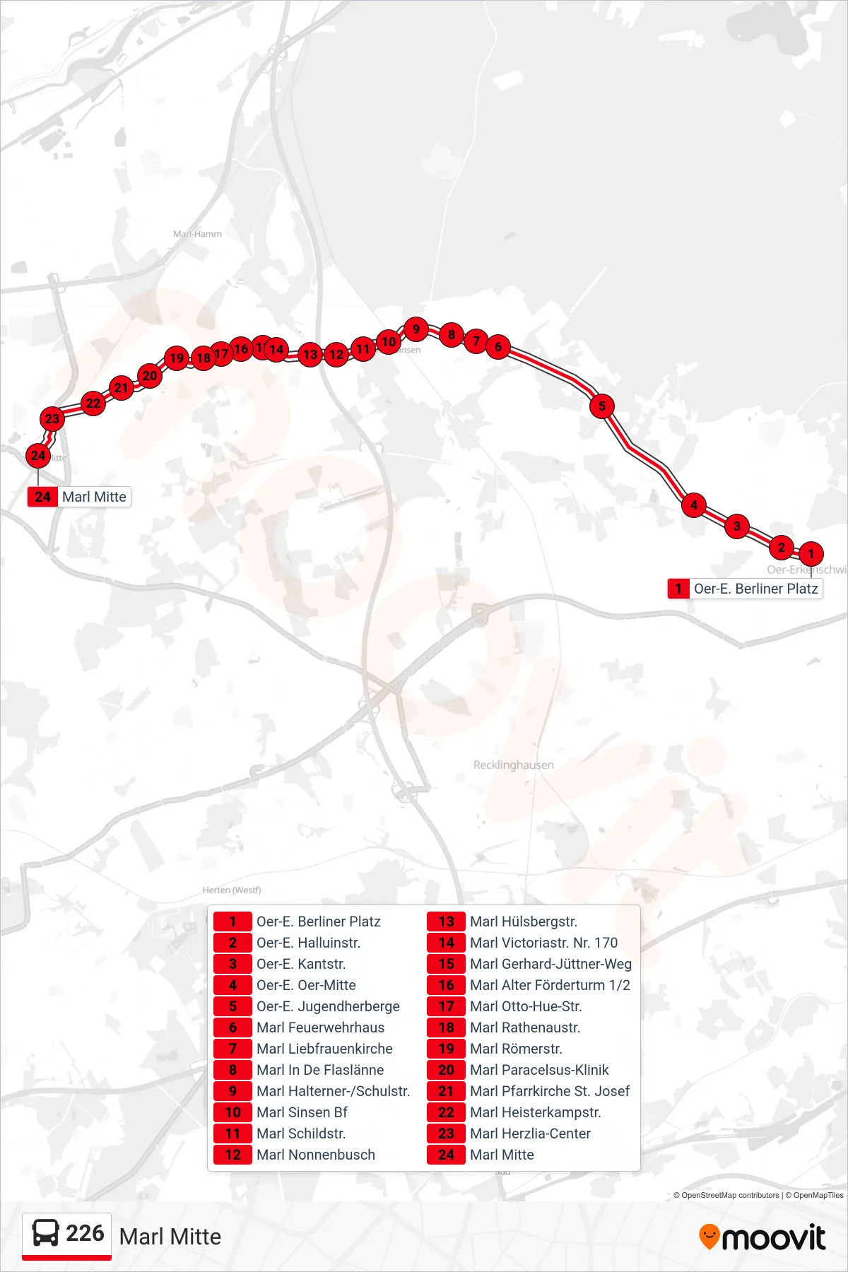 Linie 226 (Bus) Richtung Marl Mitte: Route und Haltestellen auf der Karte