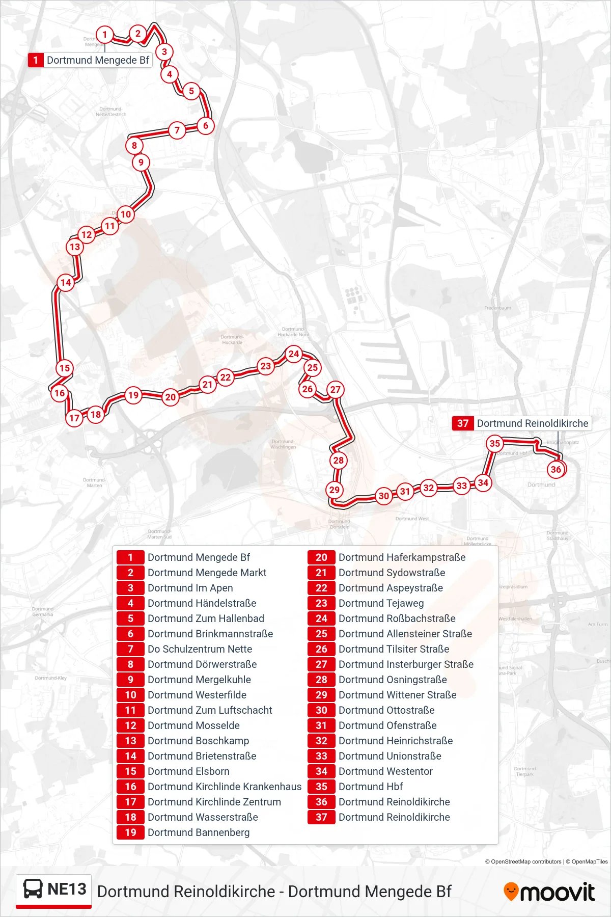 Linie NE13 (Bus) Richtung Dortmund Reinoldikirche: Route und Haltestellen auf der Karte