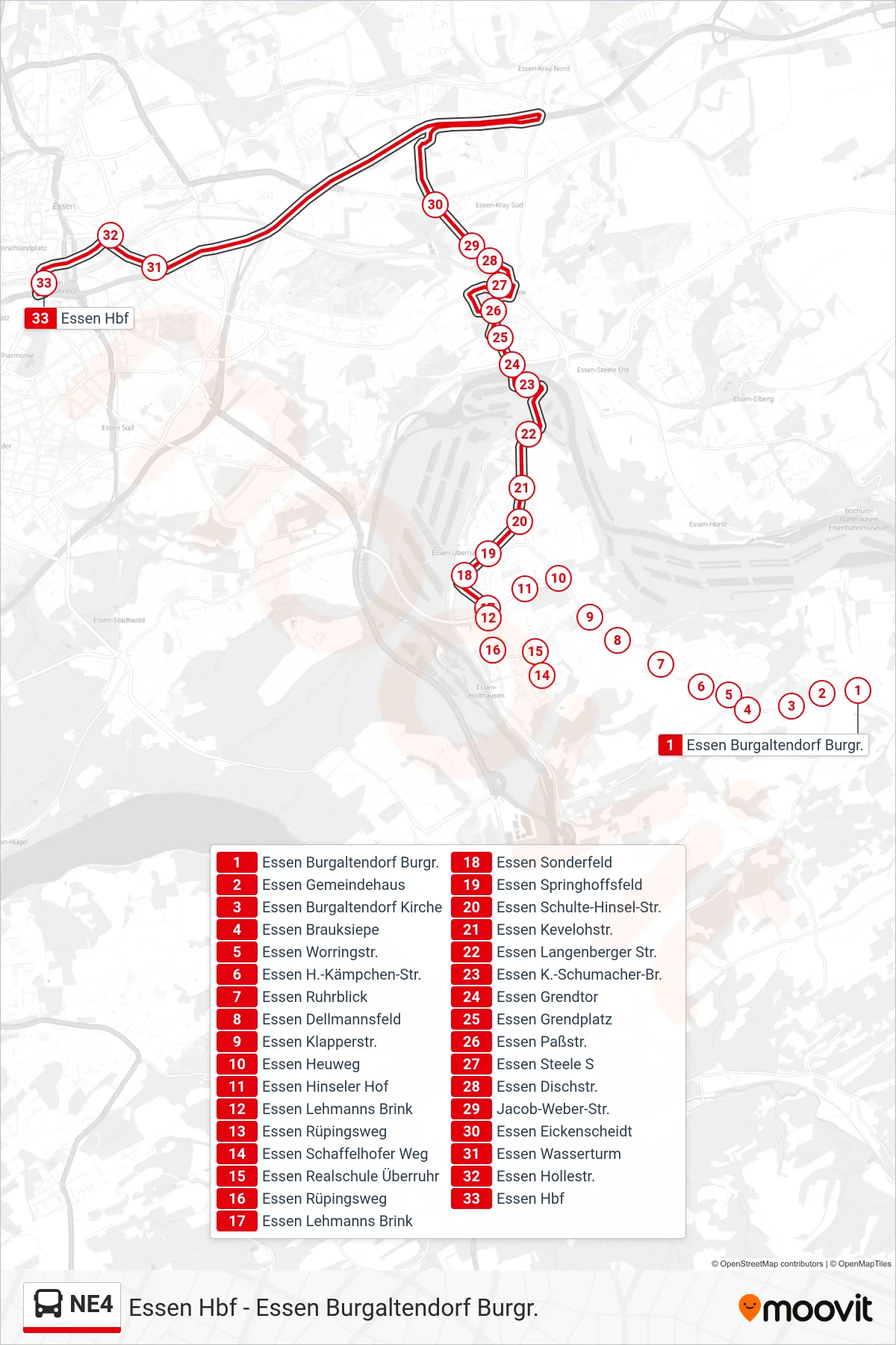 Linie NE4 (Bus) Richtung Essen Hbf: Route und Haltestellen auf der Karte