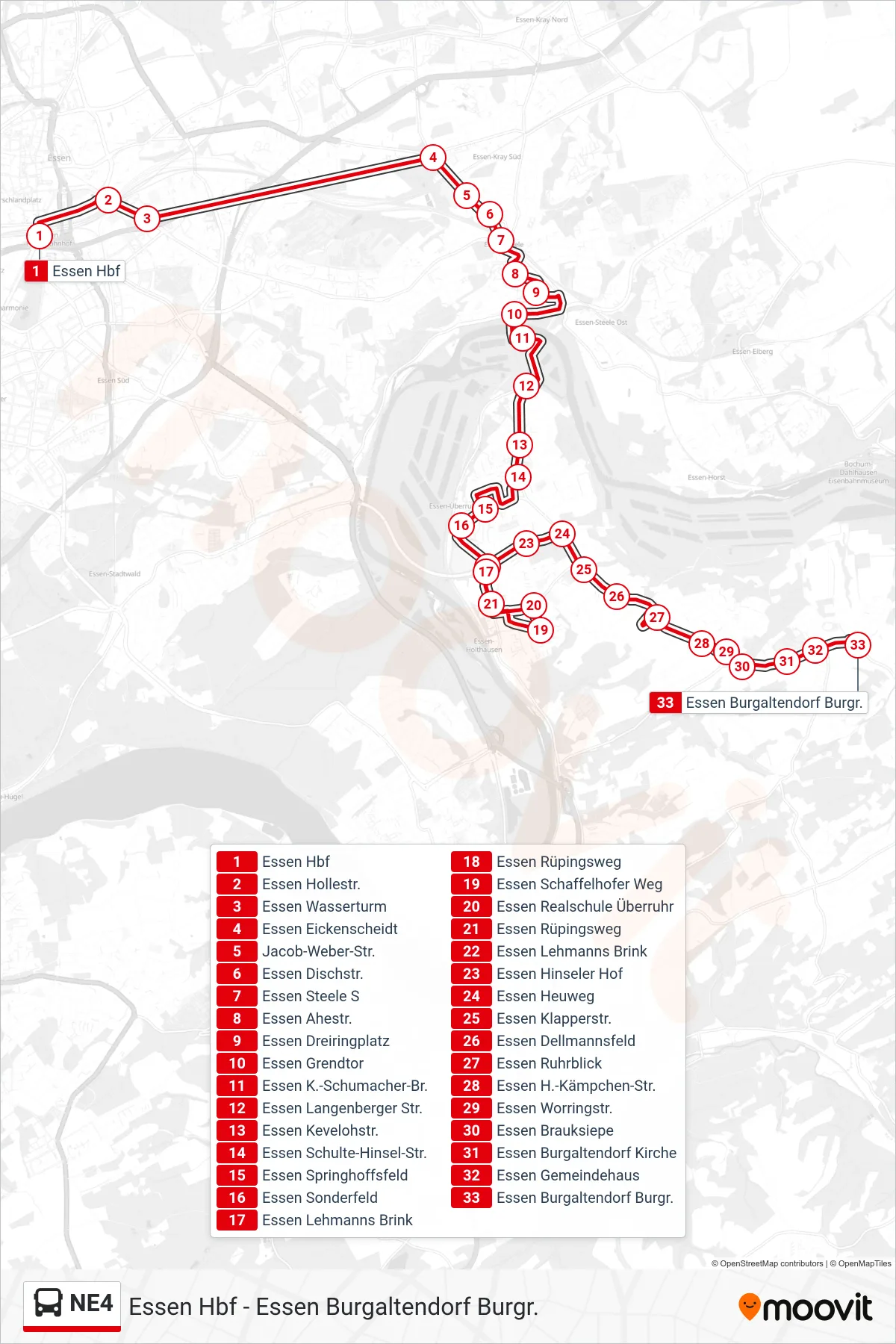 Linie NE4 (Bus) Richtung Essen Burgaltendorf Burgr.: Route und Haltestellen auf der Karte