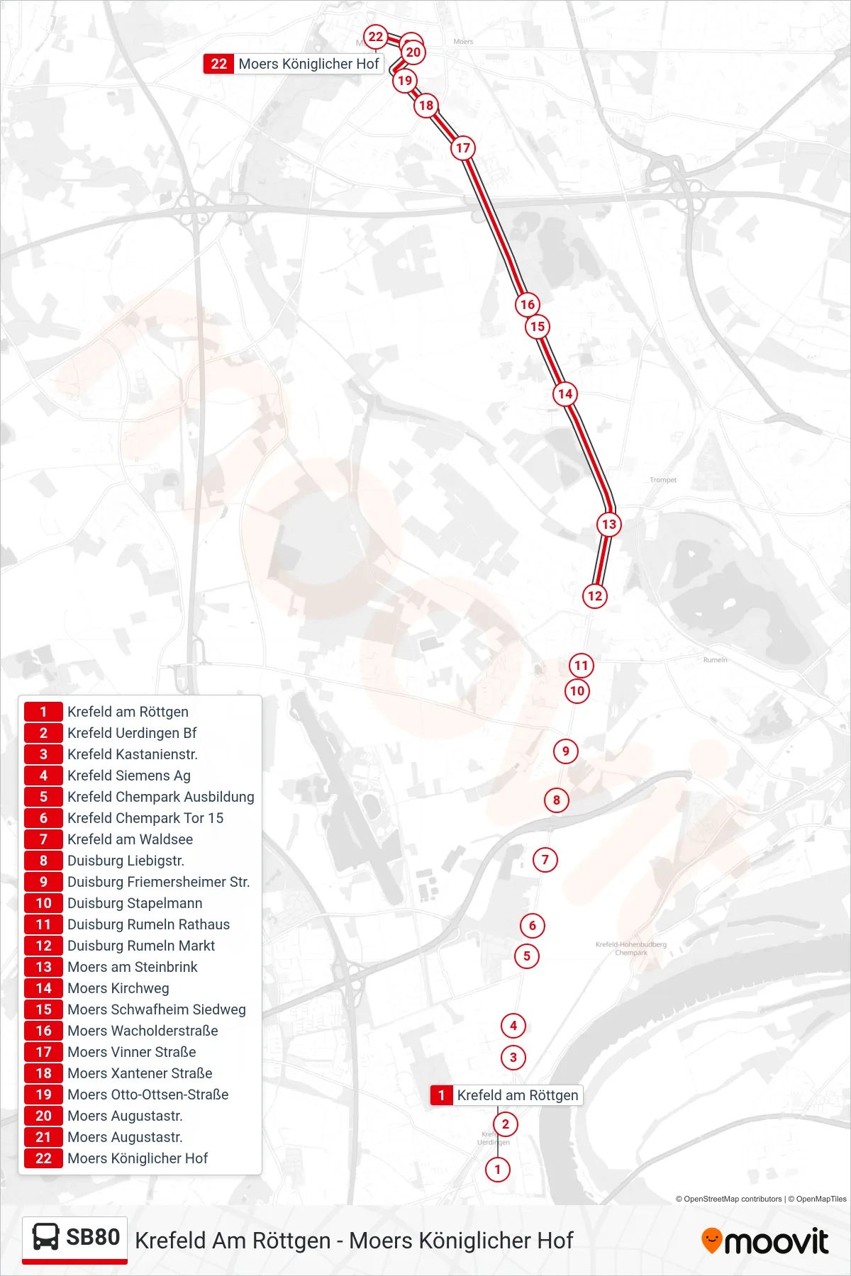 Linie SB80 (Bus) Richtung Moers Königlicher Hof: Route und Haltestellen auf der Karte
