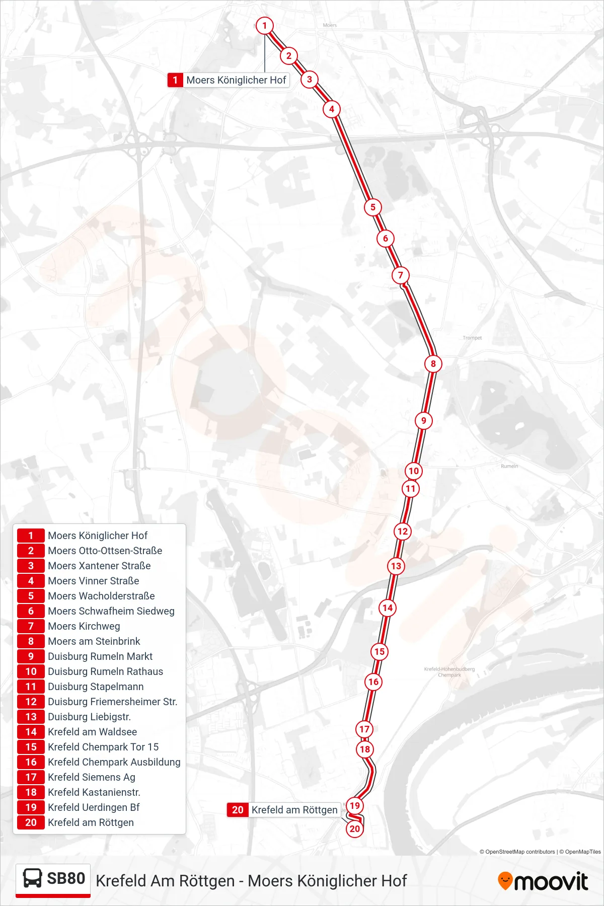 SB80 bus Line (Krefeld am Röttgen) route and stops on a map