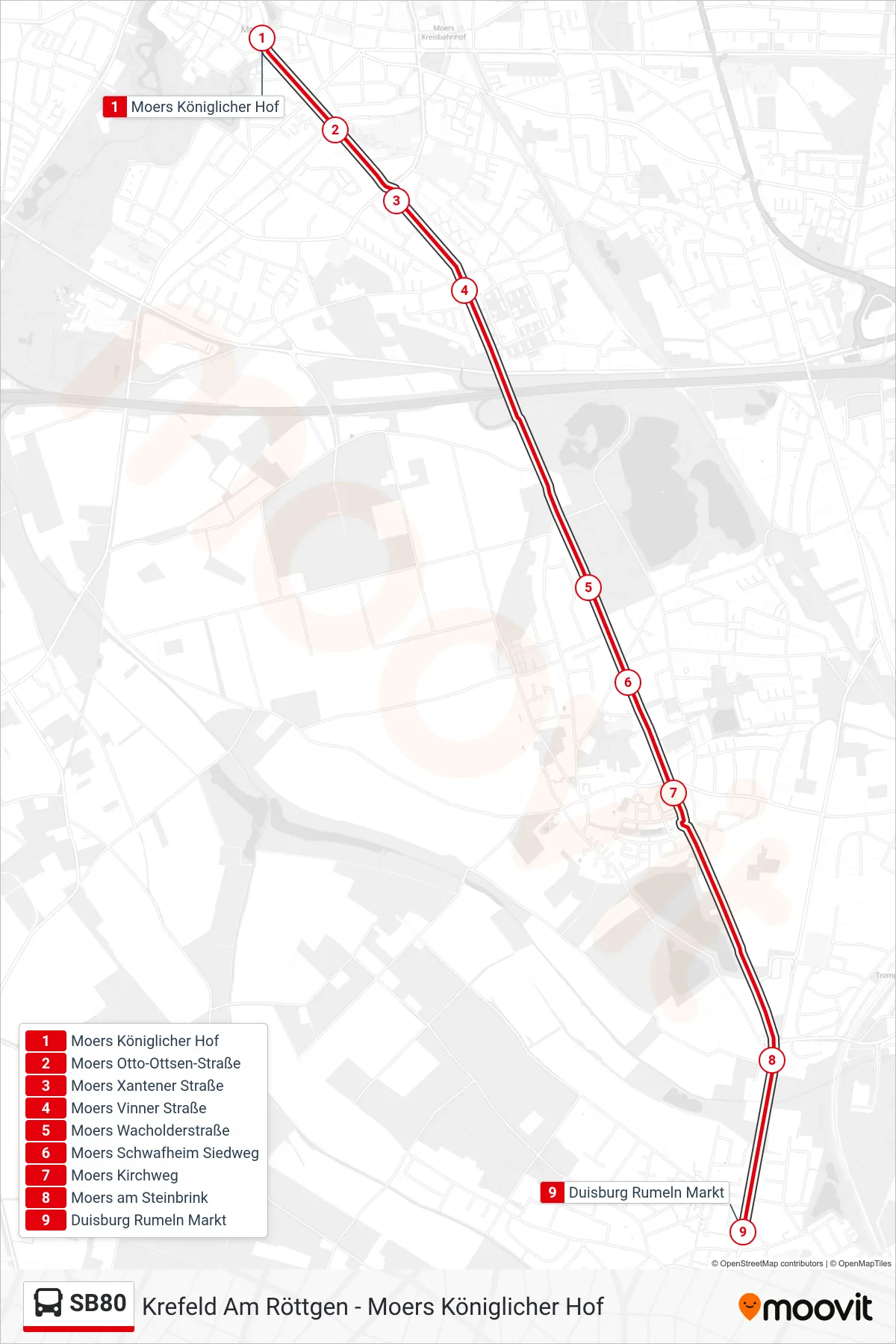 Linie SB80 (Bus) Richtung Duisburg Rumeln Markt: Route und Haltestellen auf der Karte