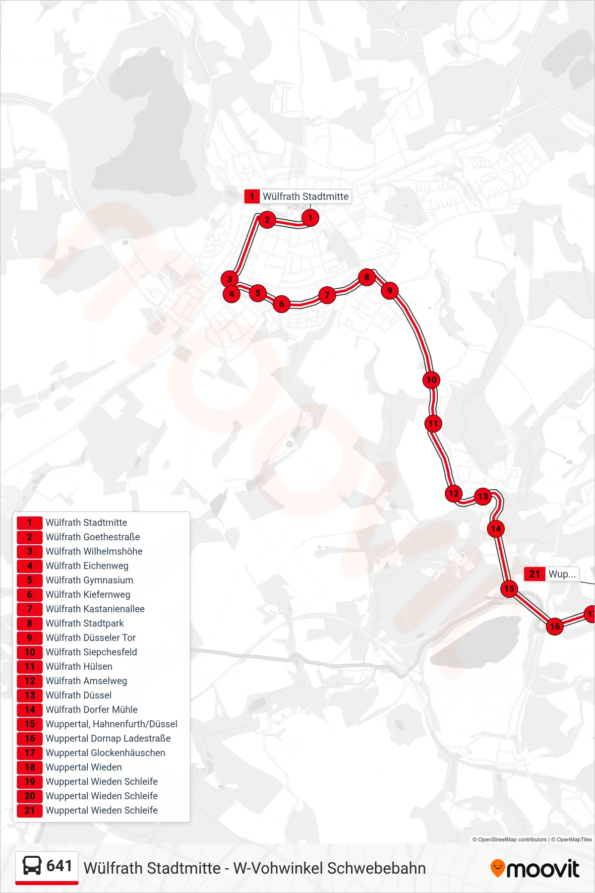 641 bus Line (Wuppertal Wieden Schleife) route and stops on a map