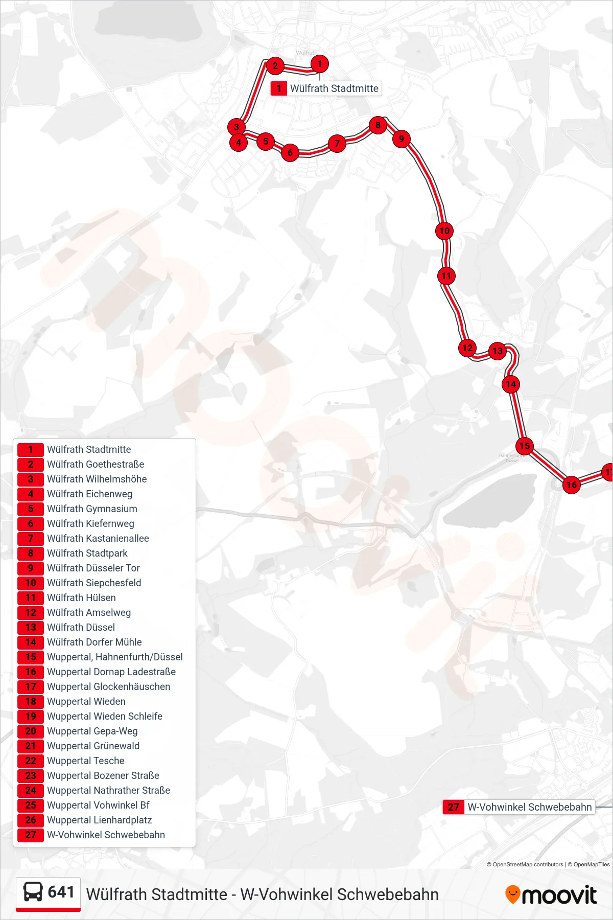 Linie 641 (Bus) Richtung W-Vohwinkel Schwebebahn: Route und Haltestellen auf der Karte