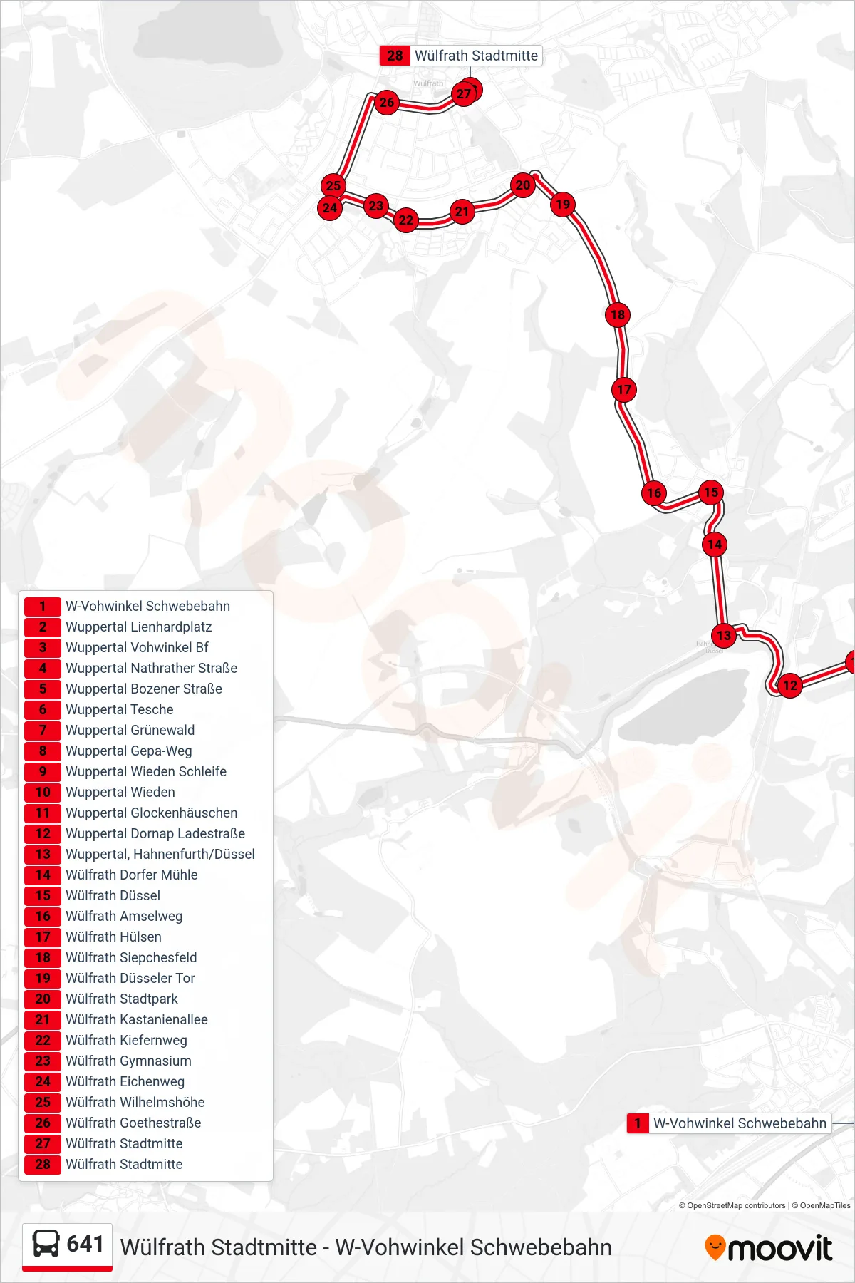 Linie 641 (Bus) Richtung Wülfrath Stadtmitte: Route und Haltestellen auf der Karte