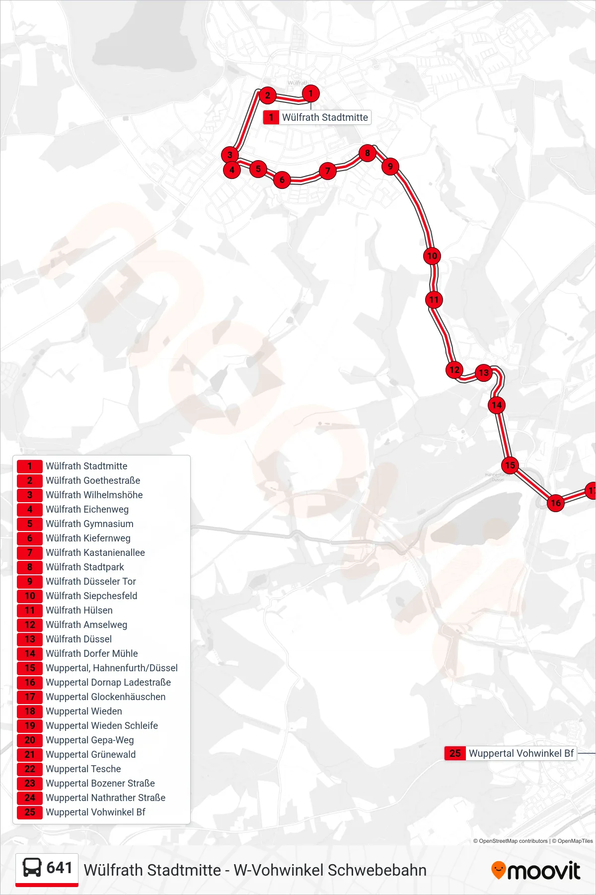 Linie 641 (Bus) Richtung Wuppertal Vohwinkel Bf: Route und Haltestellen auf der Karte