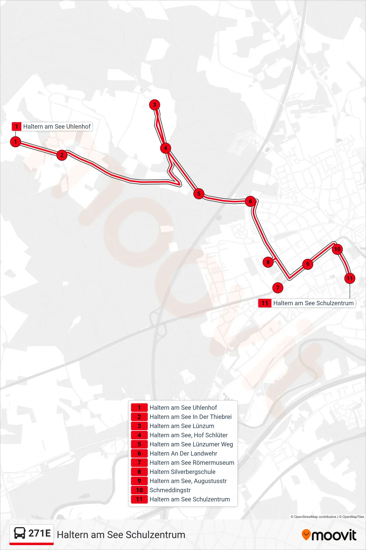 Linie 271E (Bus) Richtung Haltern am See Schulzentrum: Route und Haltestellen auf der Karte