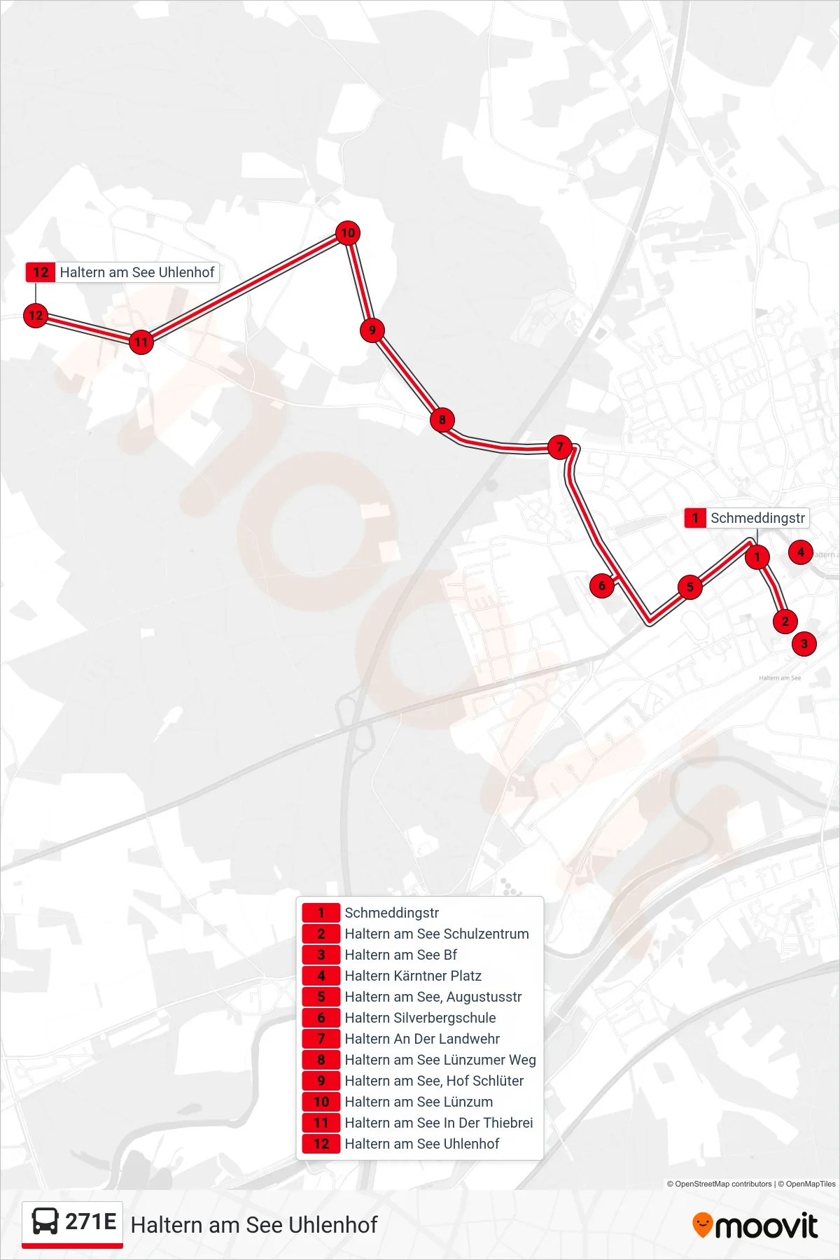 Linie 271E (Bus) Richtung Haltern am See Uhlenhof: Route und Haltestellen auf der Karte