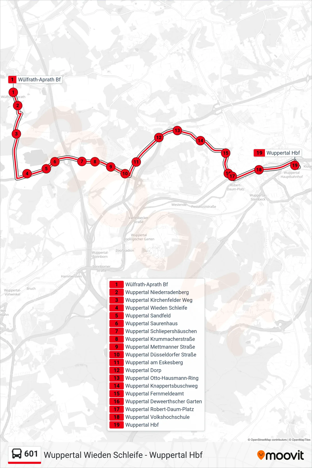 Linie 601 (Bus) Richtung Wuppertal Hbf: Route und Haltestellen auf der Karte