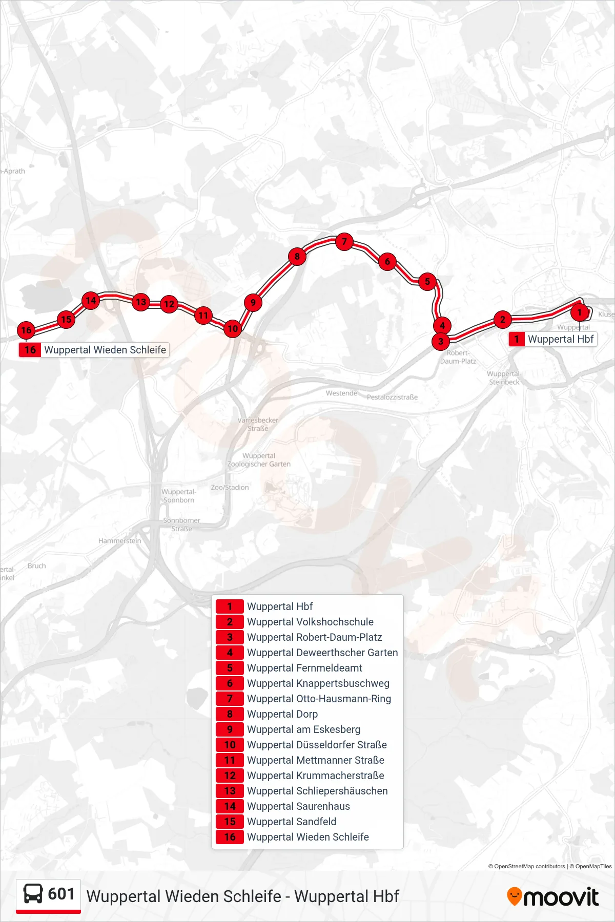 Linie 601 (Bus) Richtung Wuppertal Wieden Schleife: Route und Haltestellen auf der Karte