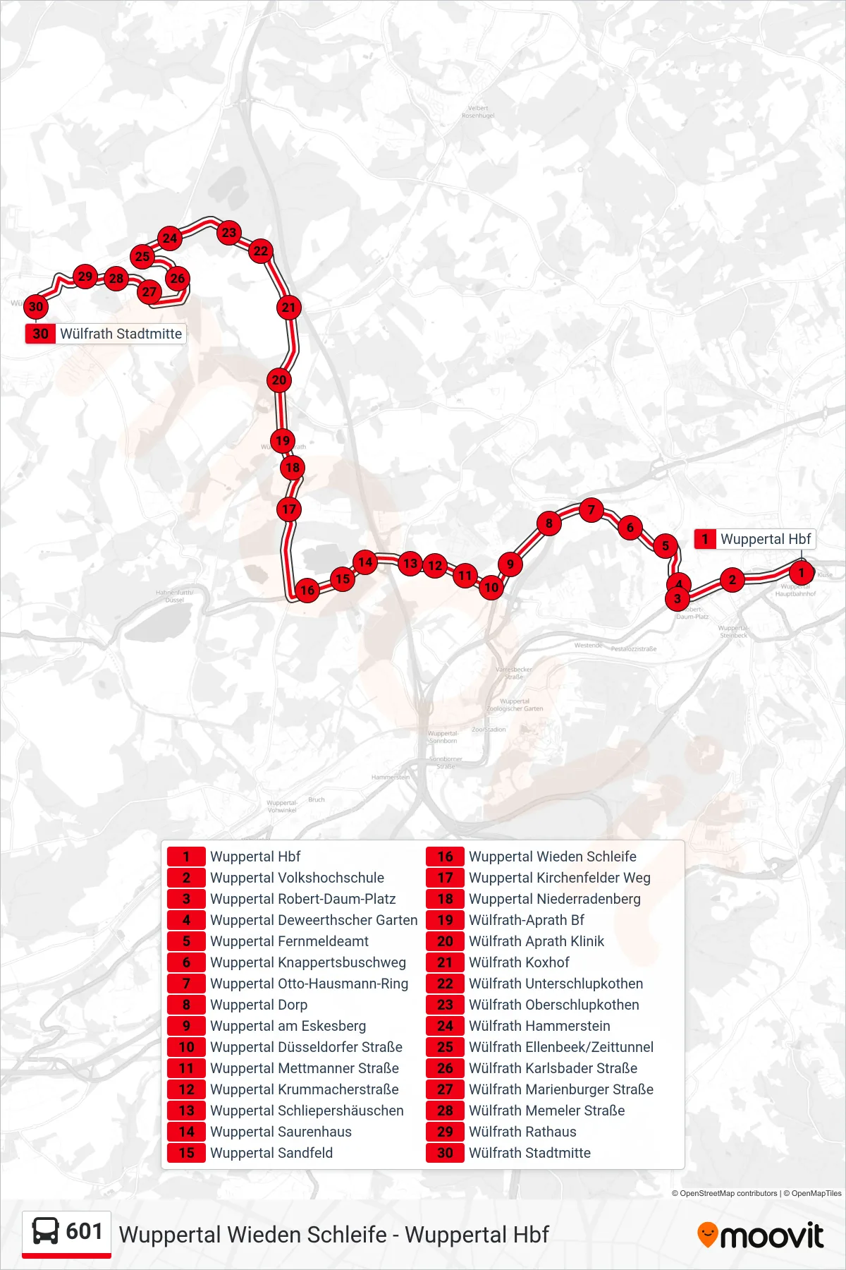 Linie 601 (Bus) Richtung Wülfrath Stadtmitte: Route und Haltestellen auf der Karte