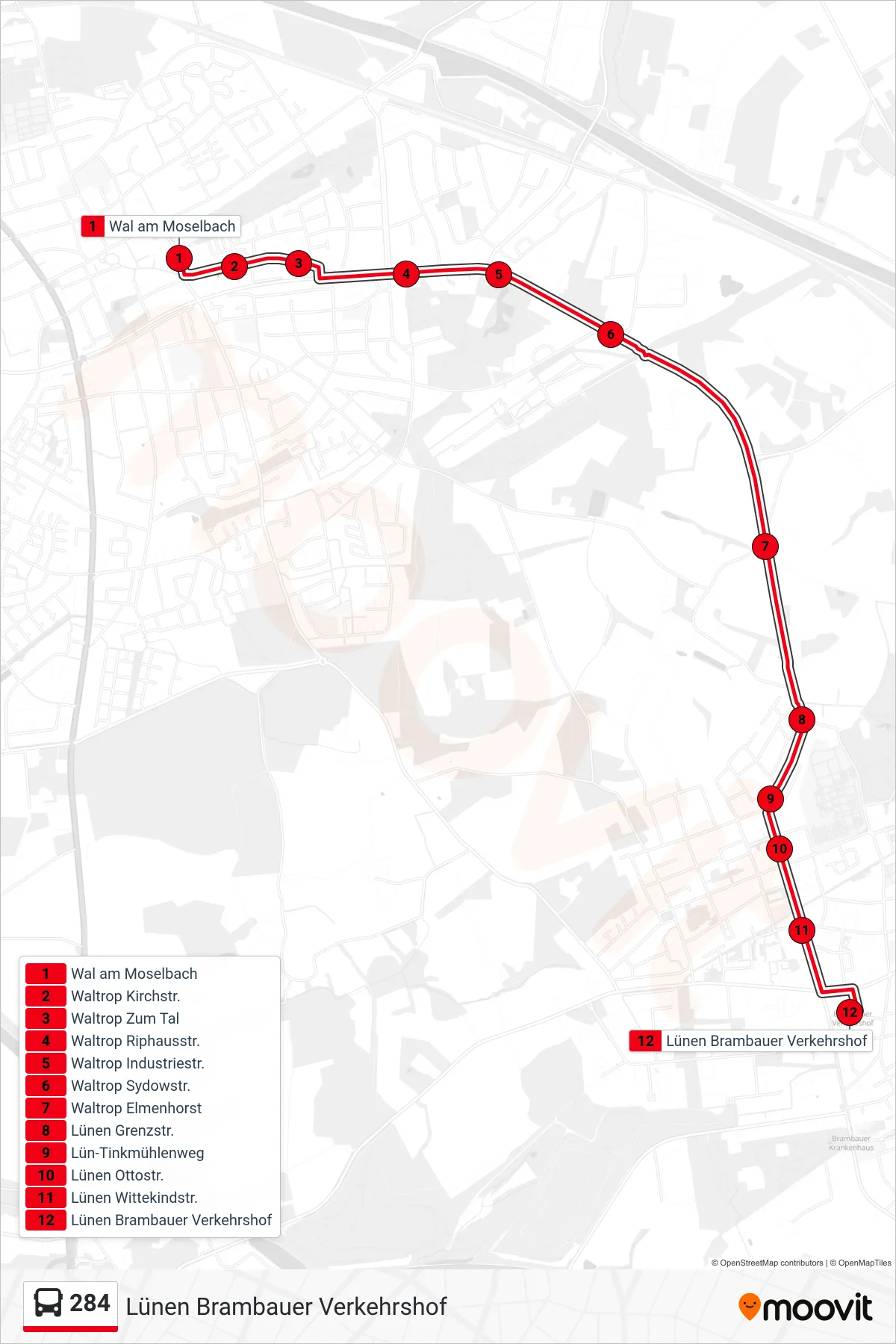 Linie 284 (Bus) Richtung Lünen Brambauer Verkehrshof: Route und Haltestellen auf der Karte