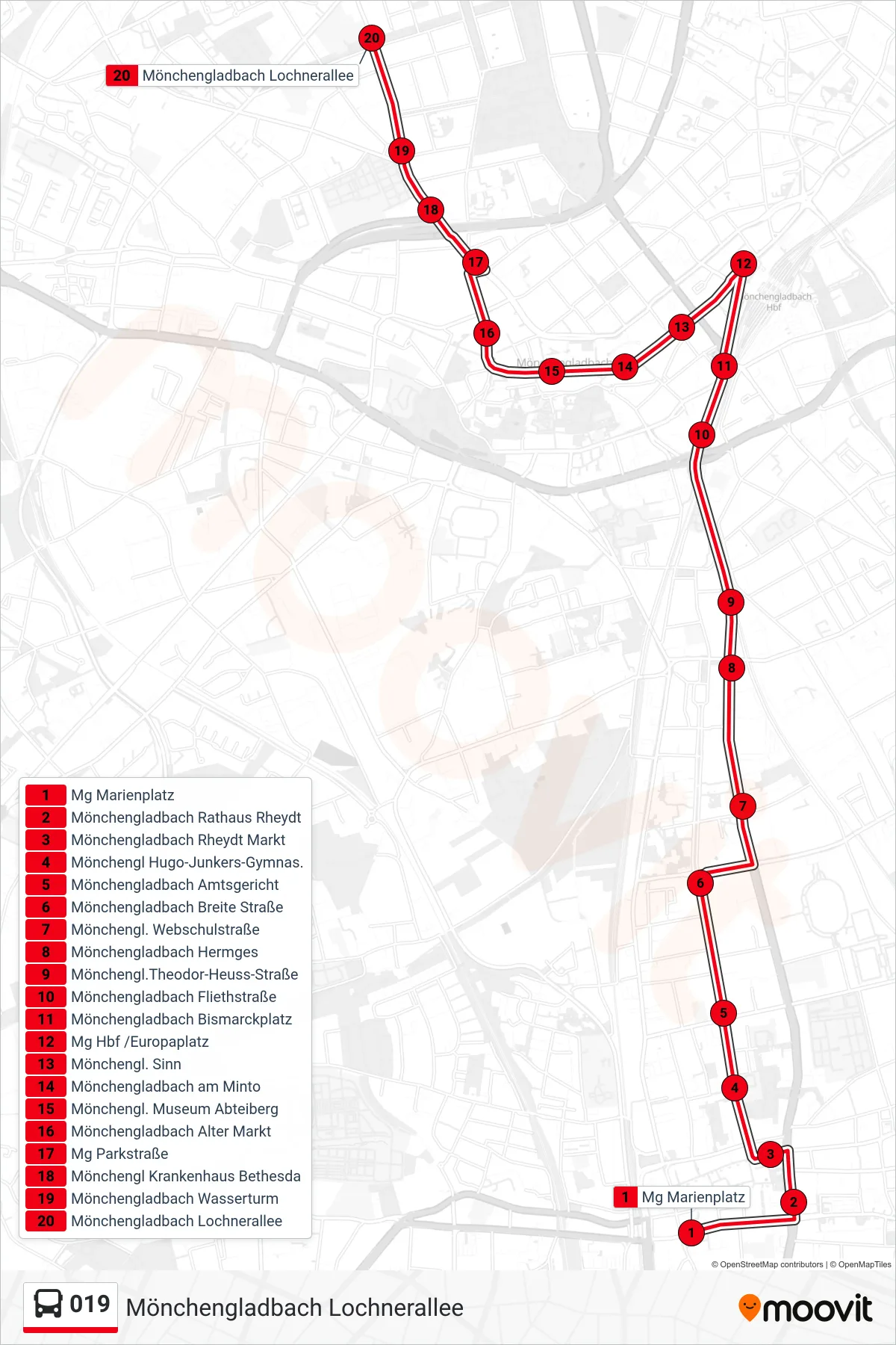 Linie 019 (Bus) Richtung Mönchengladbach Lochnerallee: Route und Haltestellen auf der Karte