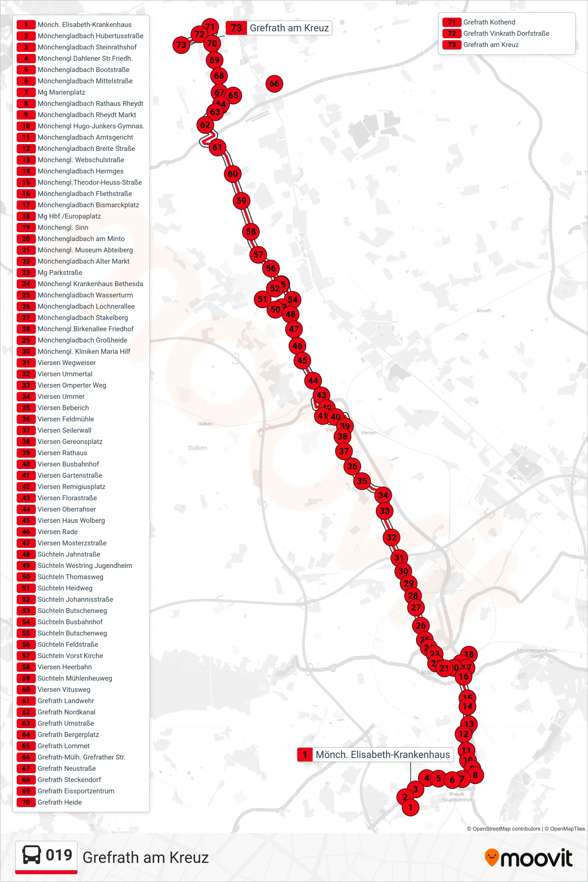 Linie 019 (Bus) Richtung Grefrath am Kreuz: Route und Haltestellen auf der Karte