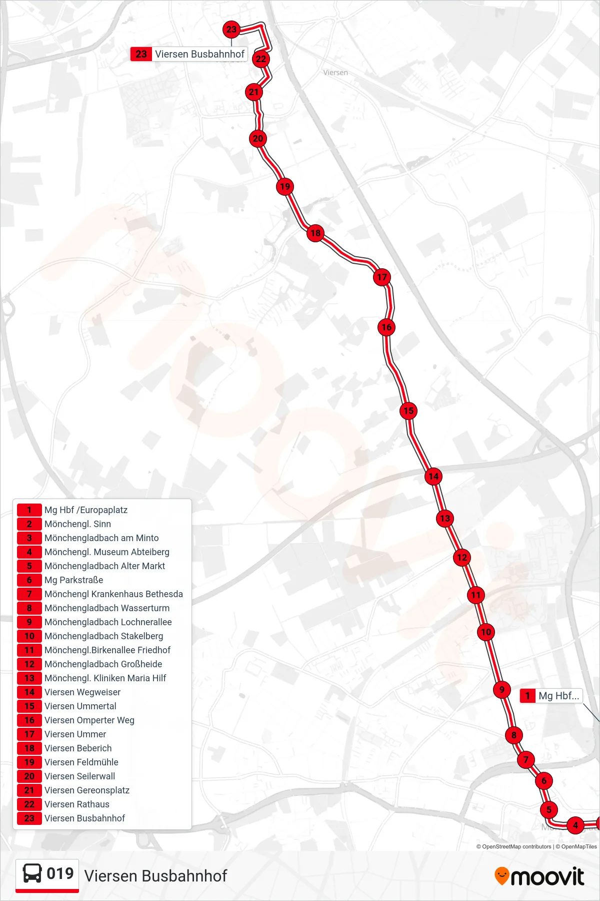 Linie 019 (Bus) Richtung Viersen Busbahnhof: Route und Haltestellen auf der Karte