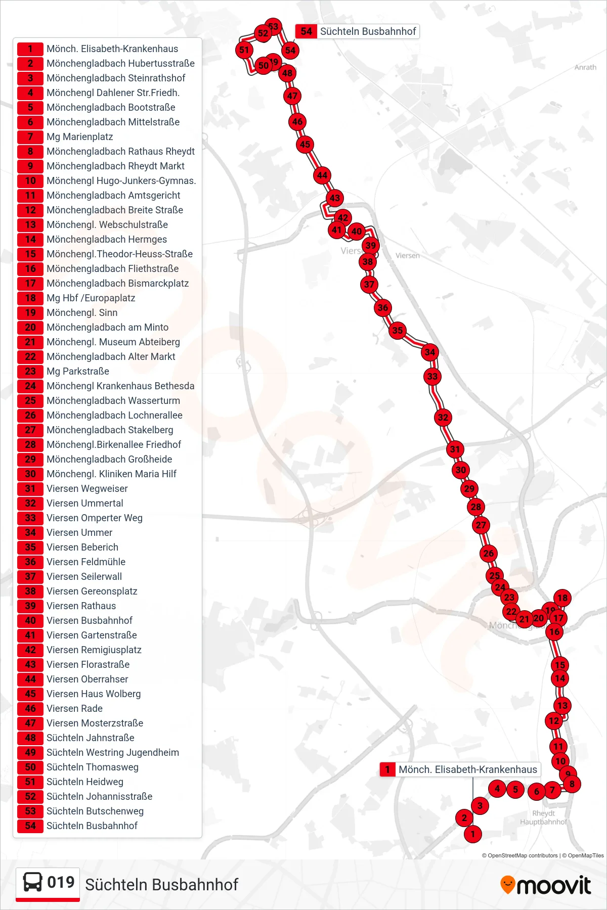 019 bus Line (Süchteln Busbahnhof) route and stops on a map