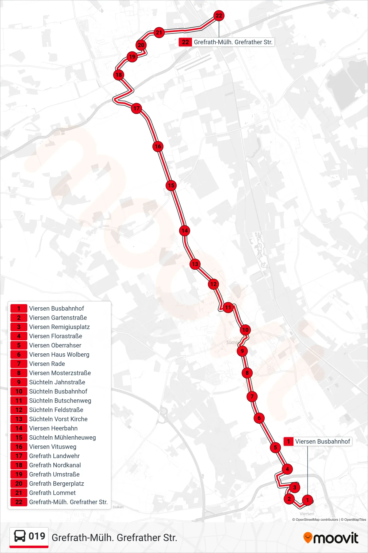 Linie 019 (Bus) Richtung Grefrath-Mülh. Grefrather Str.: Route und Haltestellen auf der Karte