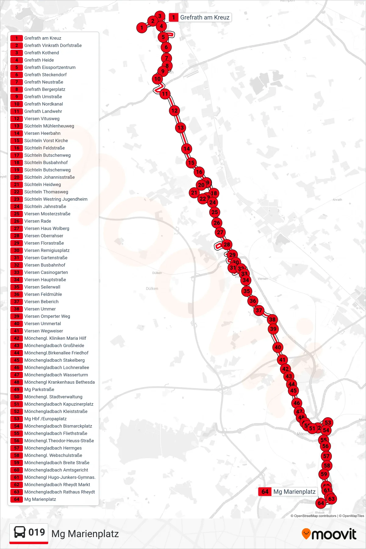 Linie 019 (Bus) Richtung Mg Marienplatz: Route und Haltestellen auf der Karte