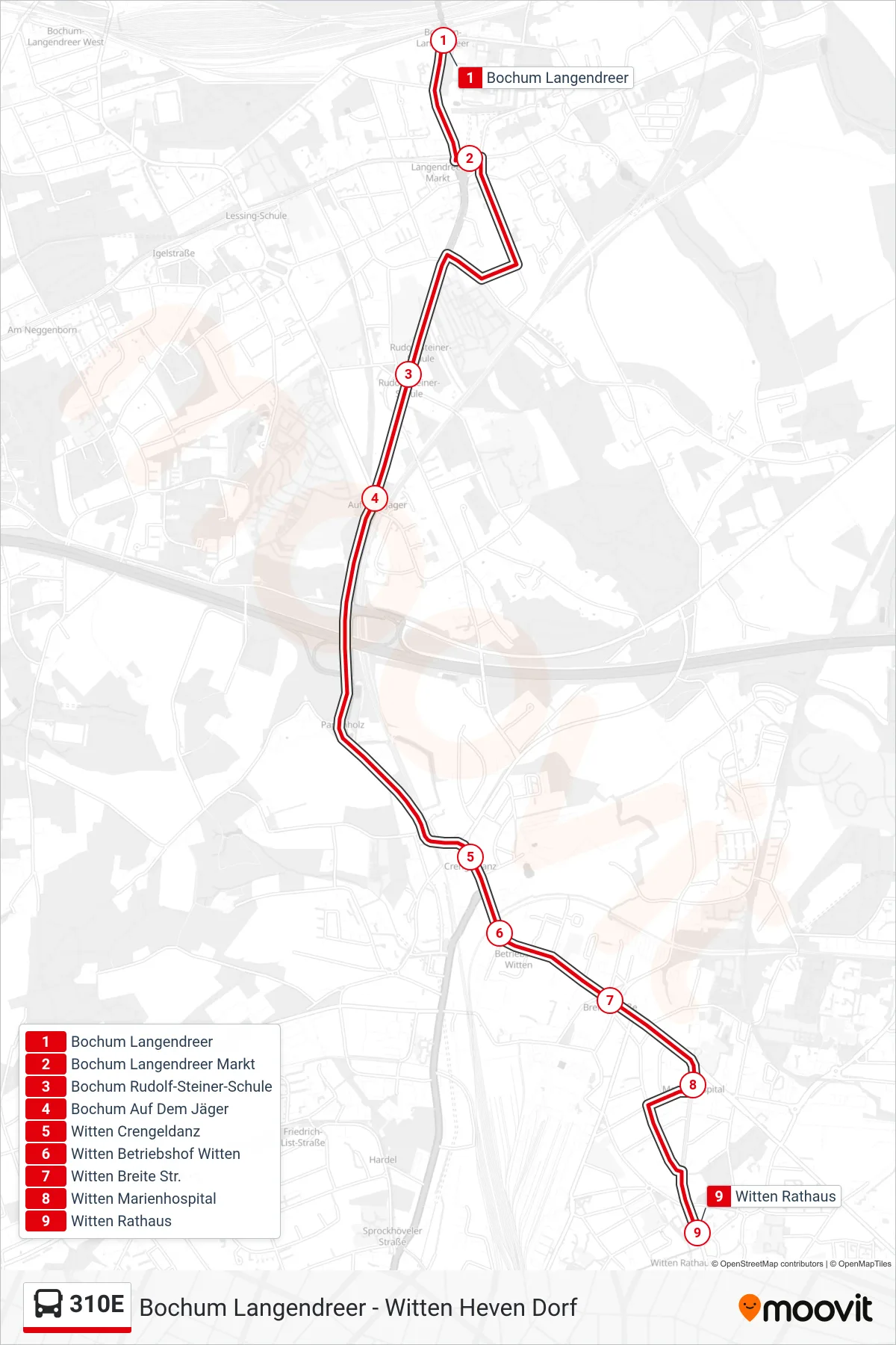 Linie 310E (Bus) Richtung Witten Rathaus: Route und Haltestellen auf der Karte