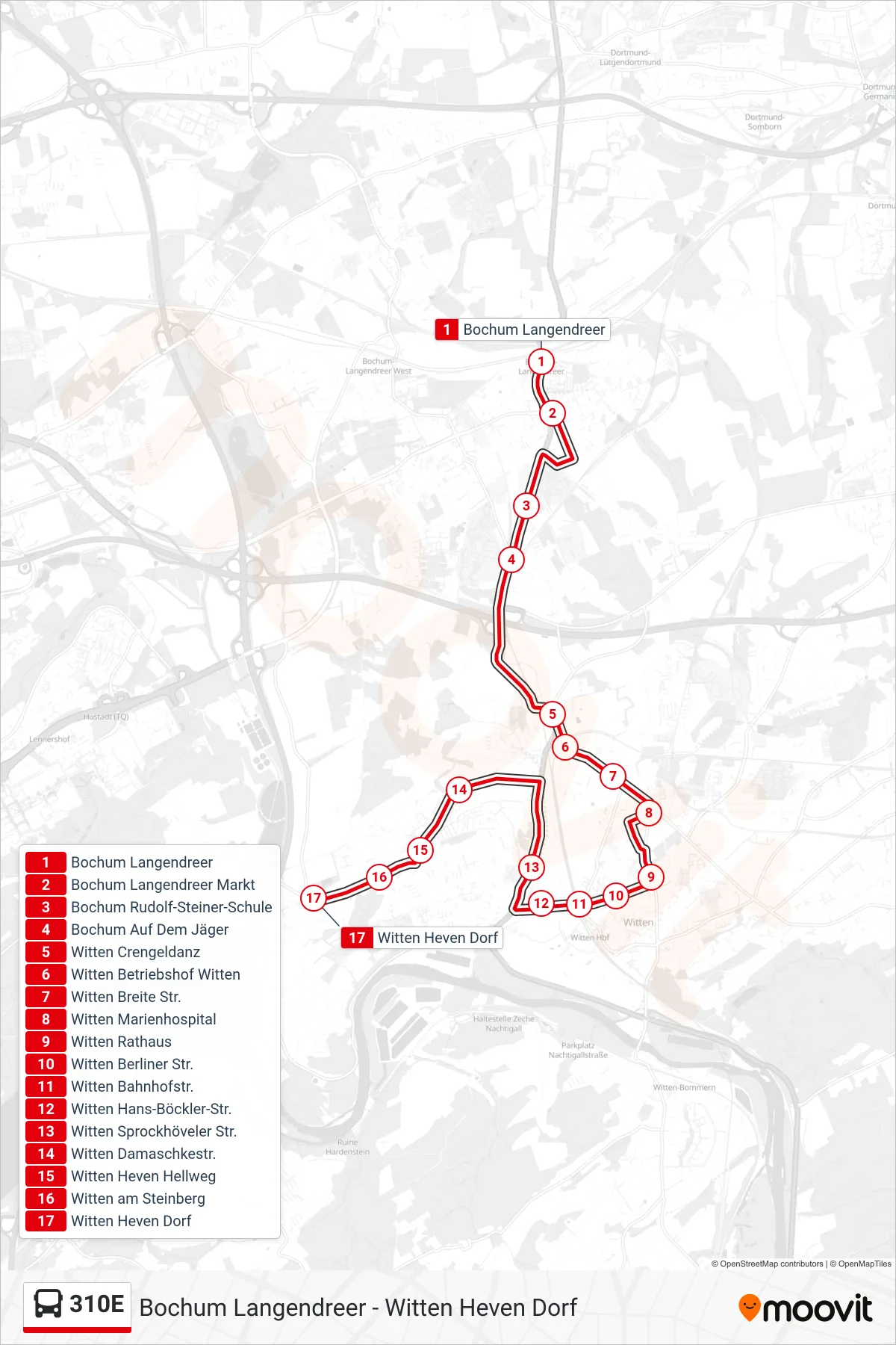 310E bus Line (Witten Heven Dorf) route and stops on a map