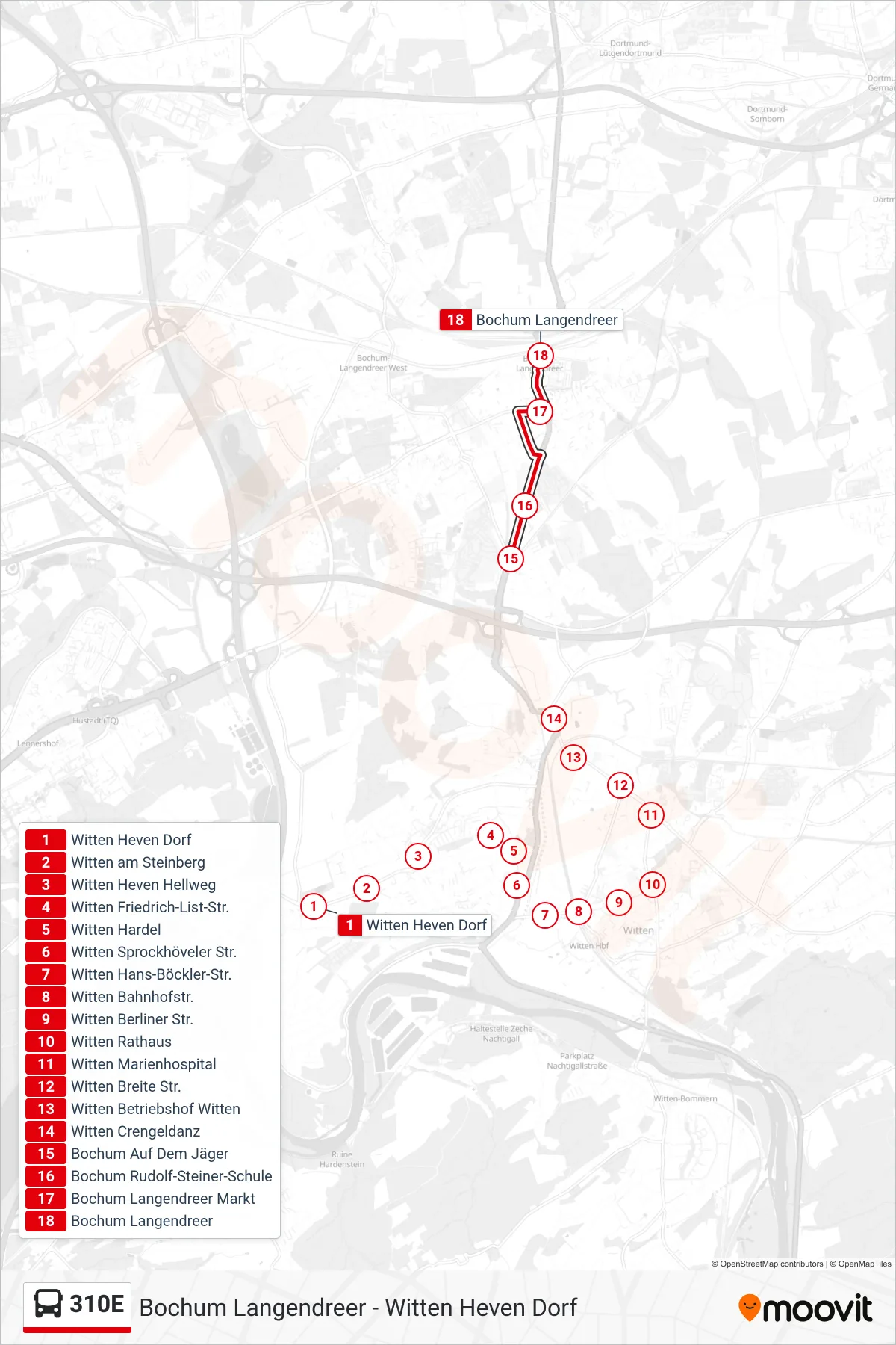 Linie 310E (Bus) Richtung Bochum Langendreer: Route und Haltestellen auf der Karte