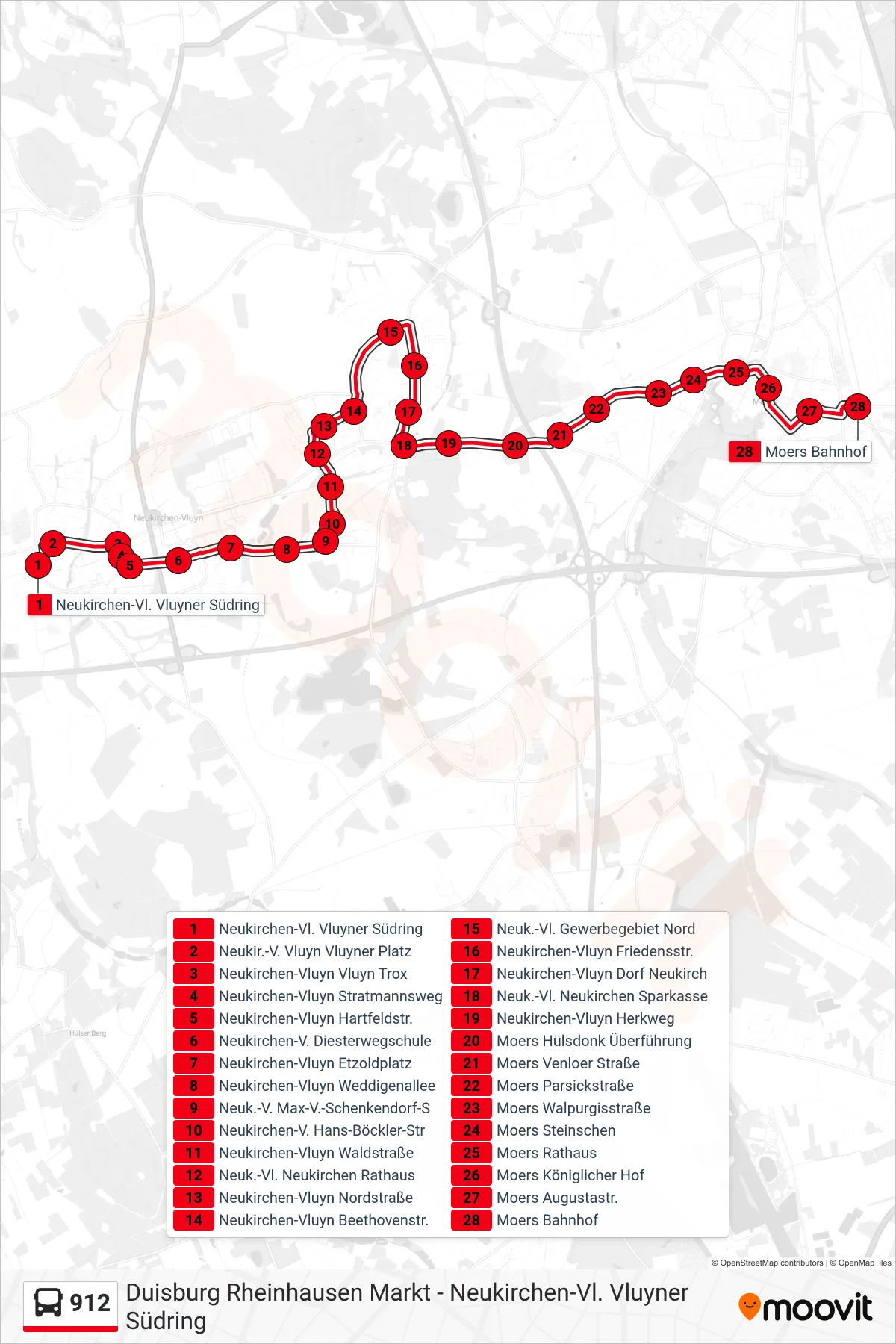 912 bus Line (Moers Bahnhof) route and stops on a map