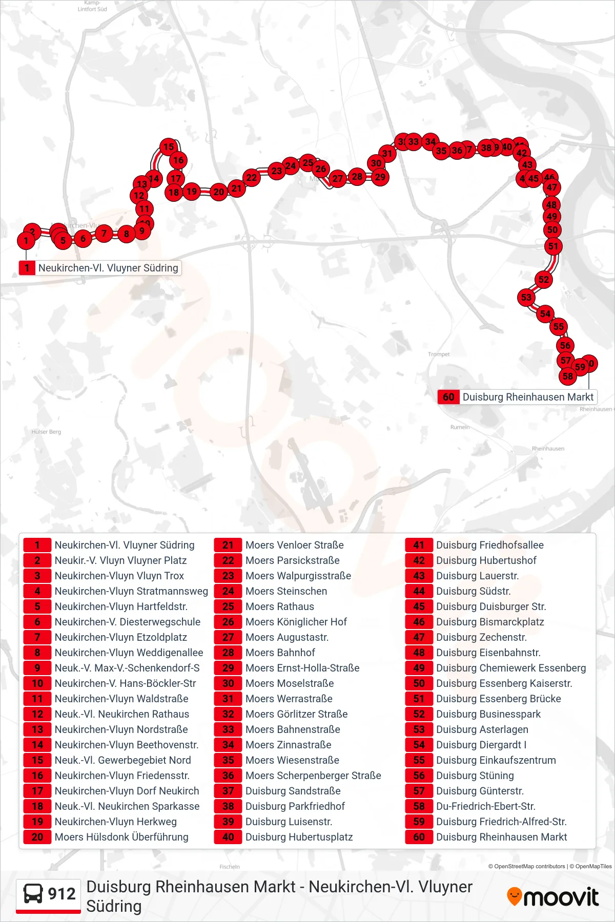 912 bus Line (Duisburg Rheinhausen Markt) route and stops on a map