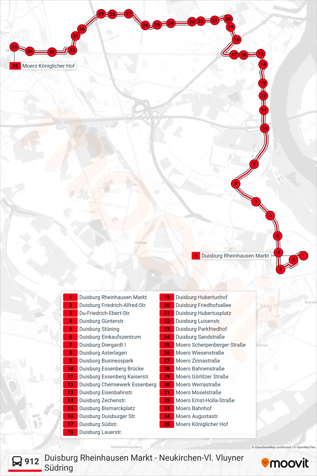 Linie 912 (Bus) Richtung Moers Königlicher Hof: Route und Haltestellen auf der Karte