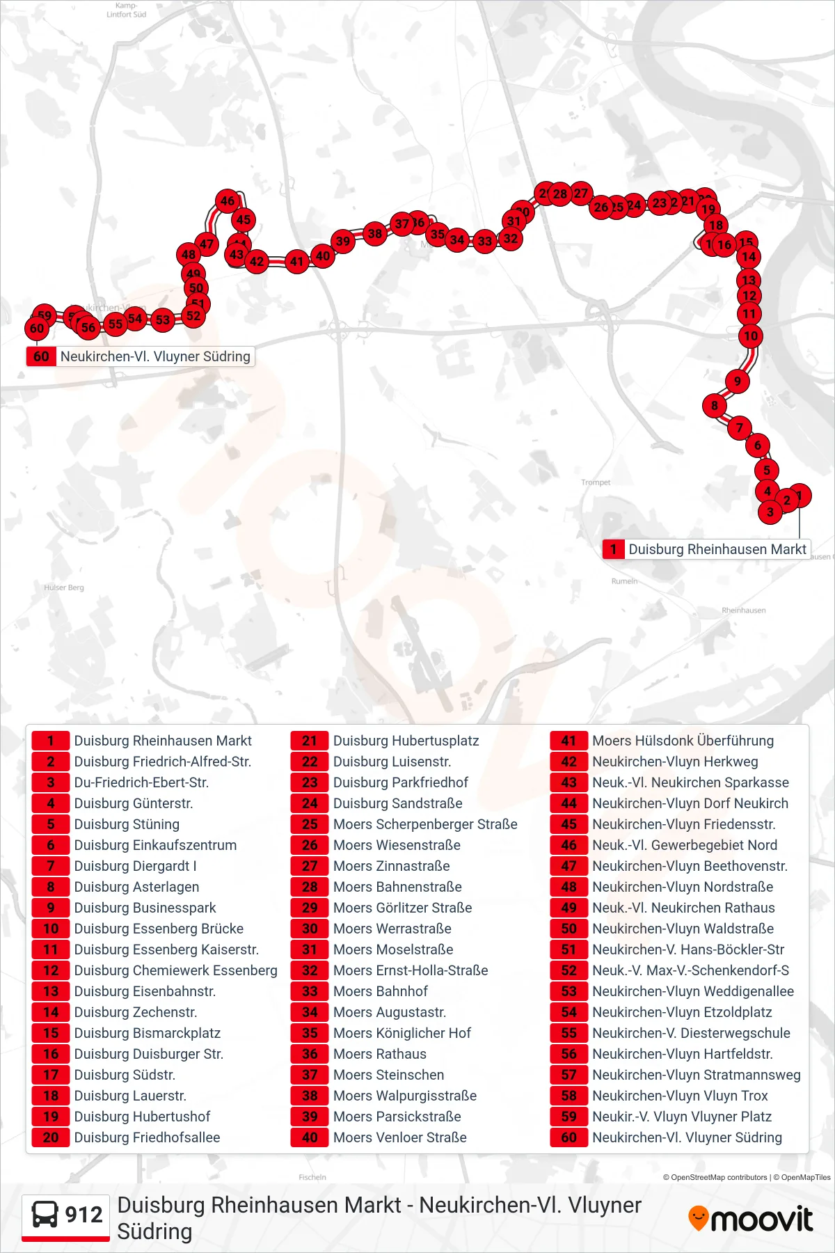 Linie 912 (Bus) Richtung Neukirchen-Vl. Vluyner Südring: Route und Haltestellen auf der Karte